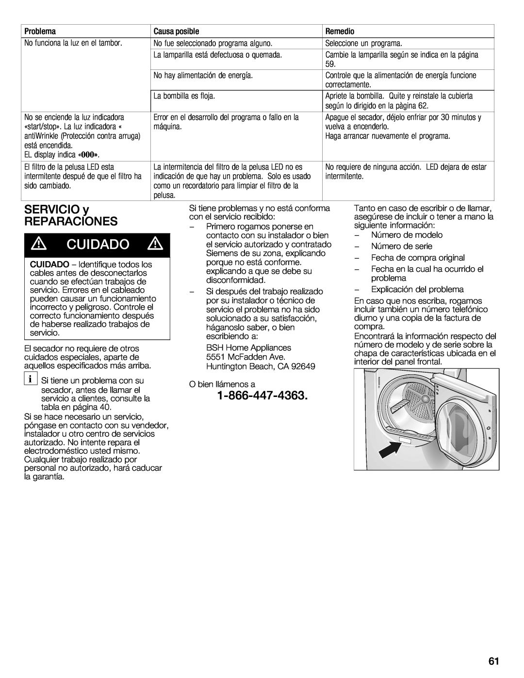 Bosch Appliances WTXD5321CN, WTXD5321US installation instructions Cuidado, Reparaciones, Servicio 