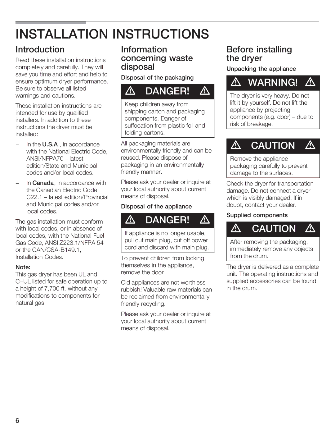 Bosch Appliances WTXD5500UC manual Installation Instructions, Introduction Information, Concerning Waste, Disposal 