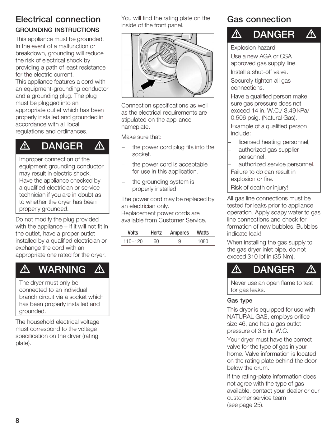 Bosch Appliances WTXD5500UC manual Electrical Connection, Gas, Grounding Instructions, Aga Csa 