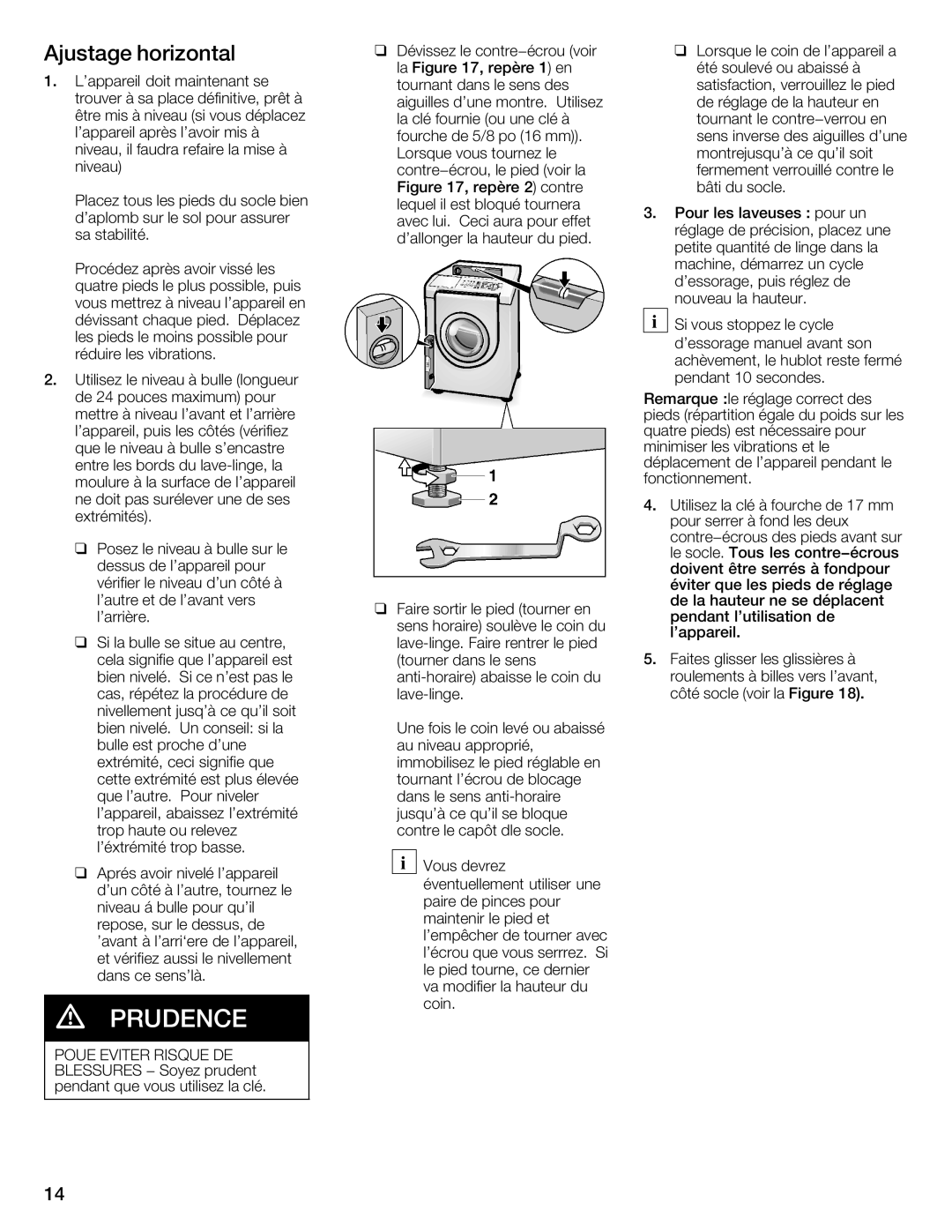 Bosch Appliances WTZ1500C, WTZ1500P, WTZ1500S, WTZ 1295P, WTZ 1295C installation instructions Ajustage horizontal 