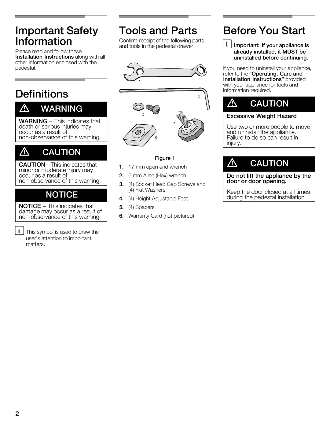 Bosch Appliances WTZ1500C, WTZ1500P, WTZ1500S Important Safety Information, Definitions Tools and Parts, Before You Start 