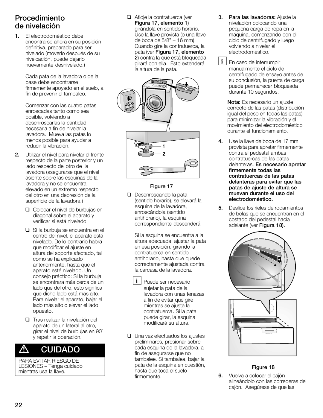 Bosch Appliances WTZ 1295P, WTZ1500P, WTZ1500S, WTZ1500C, WTZ 1295C installation instructions Procedimiento deUnivelación 