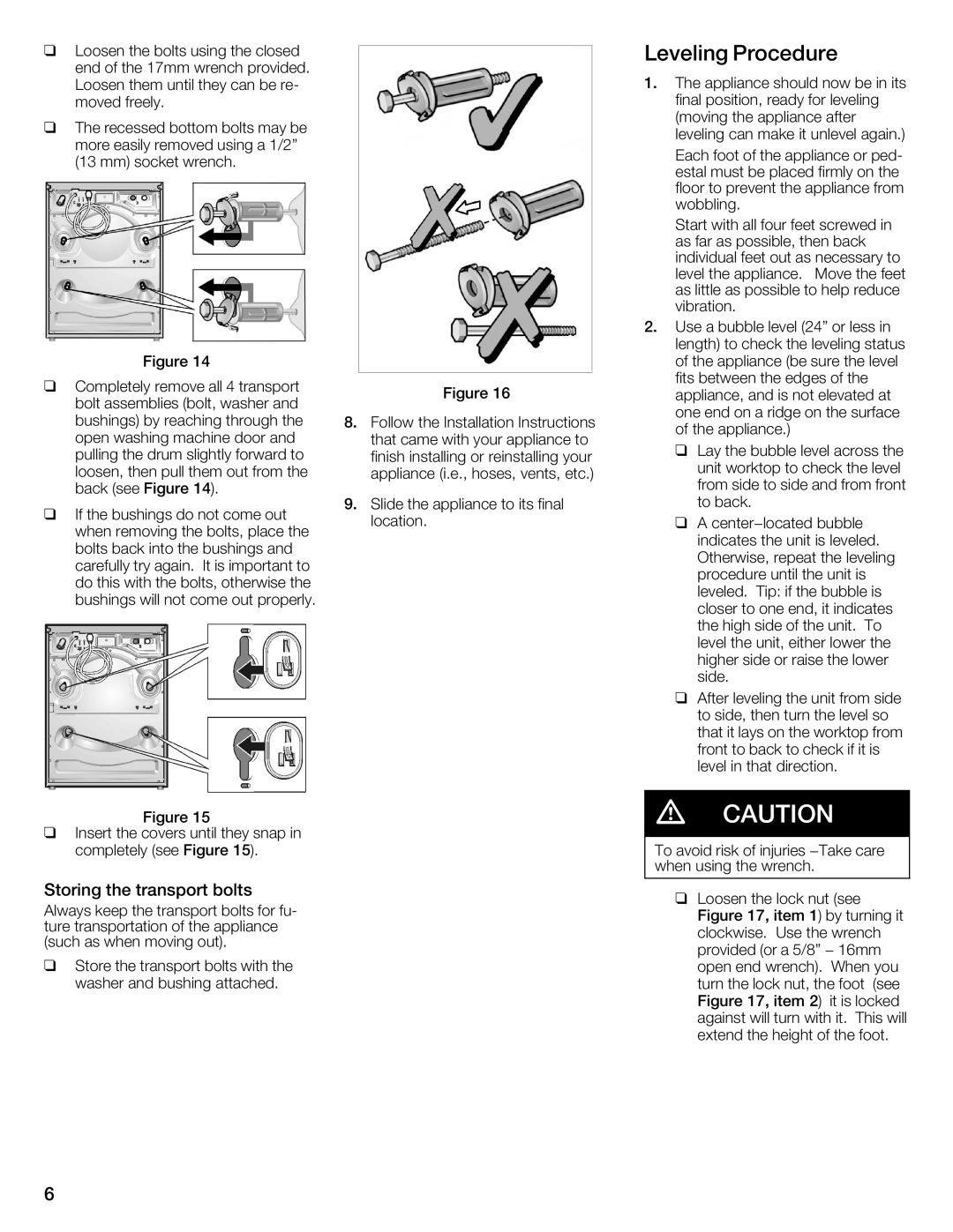 Bosch Appliances WTZ1500P, WTZ1500S, WTZ1500C, WTZ 1295P, WTZ 1295C Leveling Procedure, Storing the transport bolts 