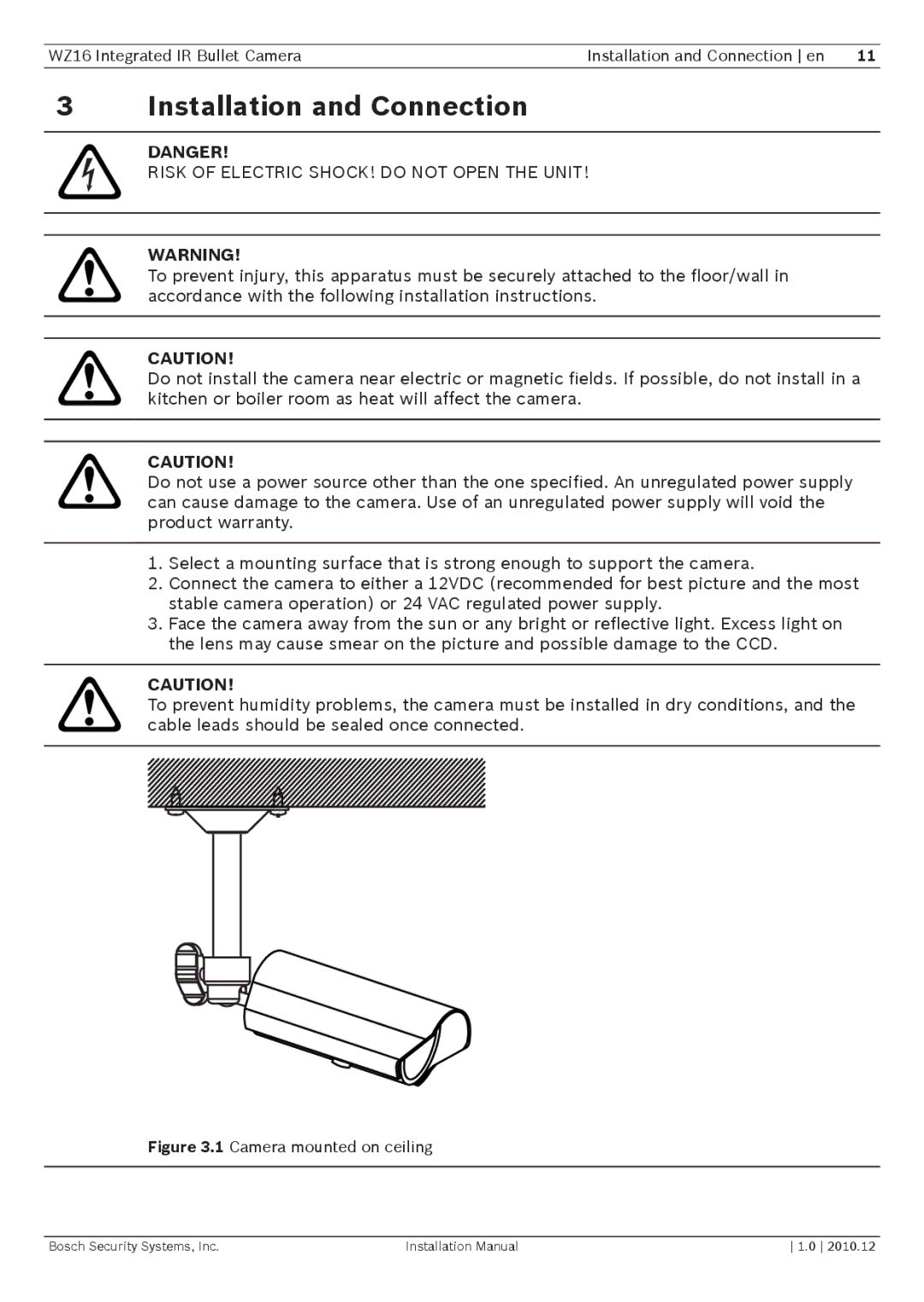 Bosch Appliances WZ16 installation manual Installation and Connection, Risk of Electric SHOCK! do not Open the Unit 