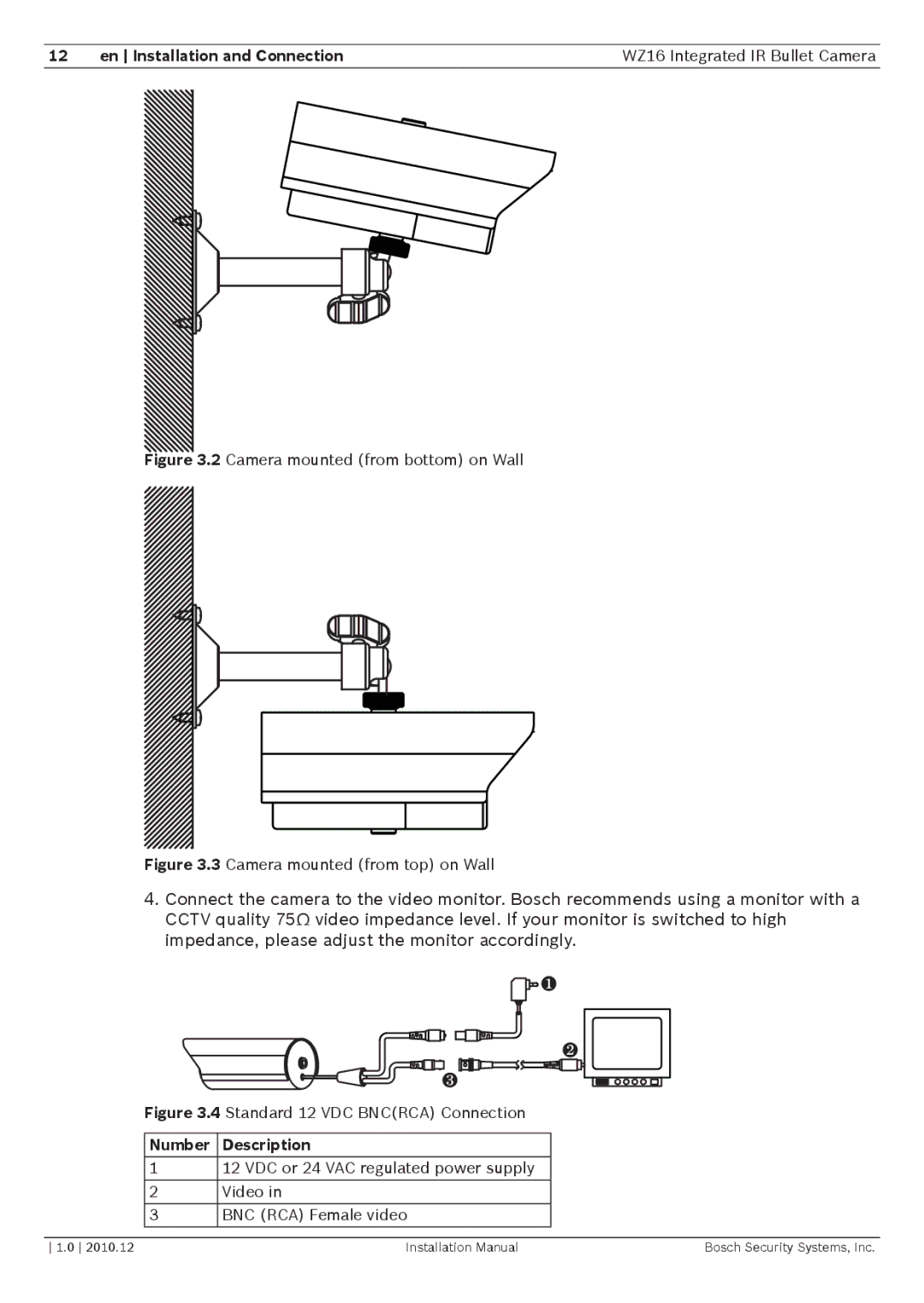 Bosch Appliances WZ16 installation manual Camera mounted from bottom on Wall, Number Description 