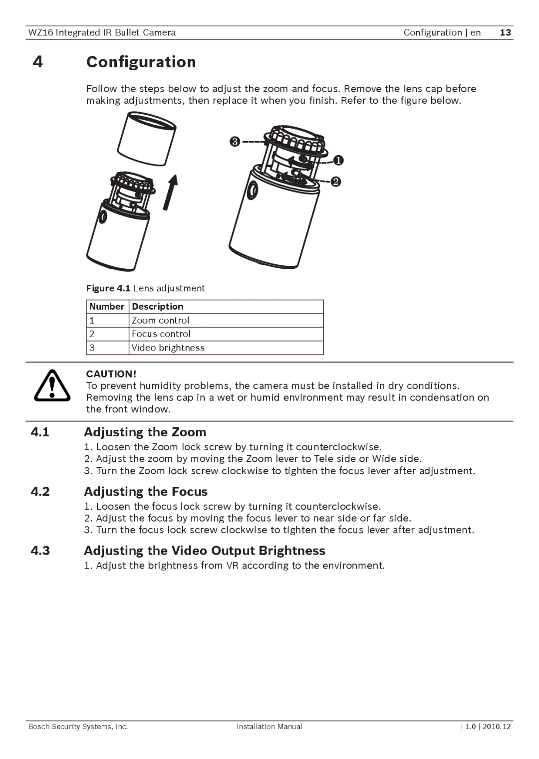 Bosch Appliances WZ16 Configuration, Adjusting the Zoom, Adjusting the Focus, Adjusting the Video Output Brightness 