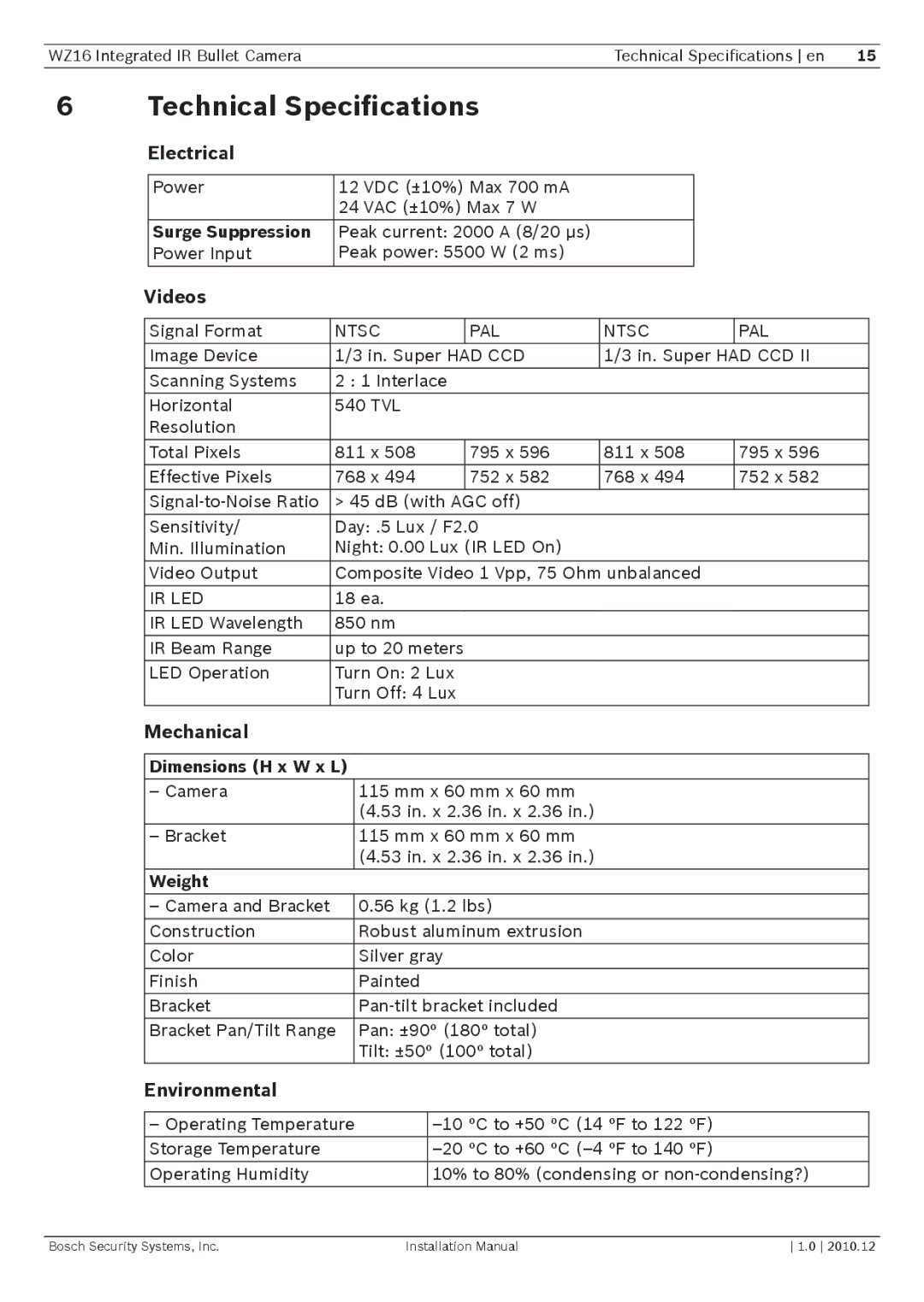 Bosch Appliances WZ16 installation manual Technical Specifications, Surge Suppression, Dimensions H x W x L, Weight 