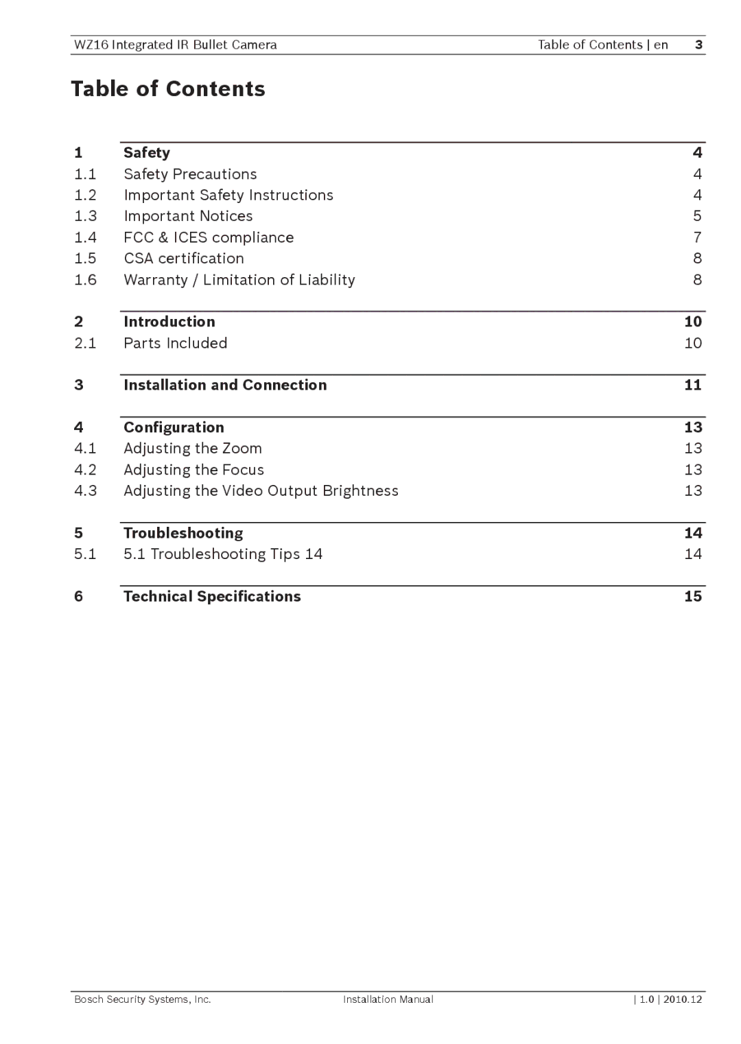 Bosch Appliances WZ16 installation manual Table of Contents 