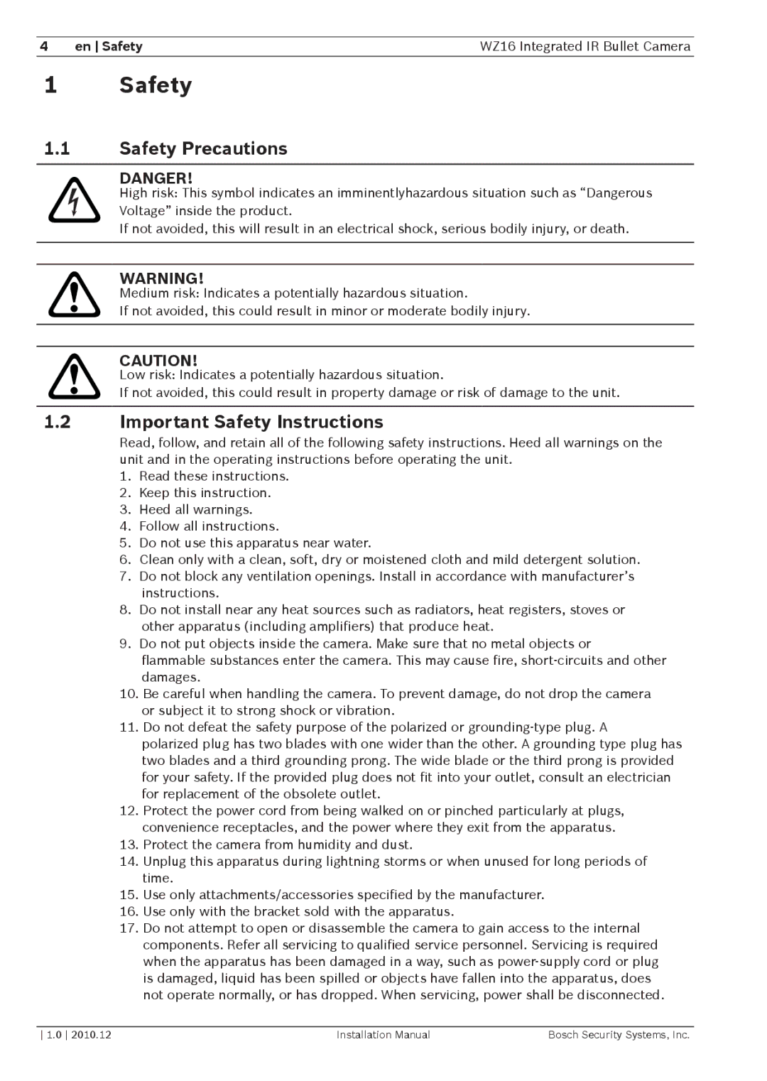 Bosch Appliances Safety Precautions, Important Safety Instructions, En Safety WZ16 Integrated IR Bullet Camera 