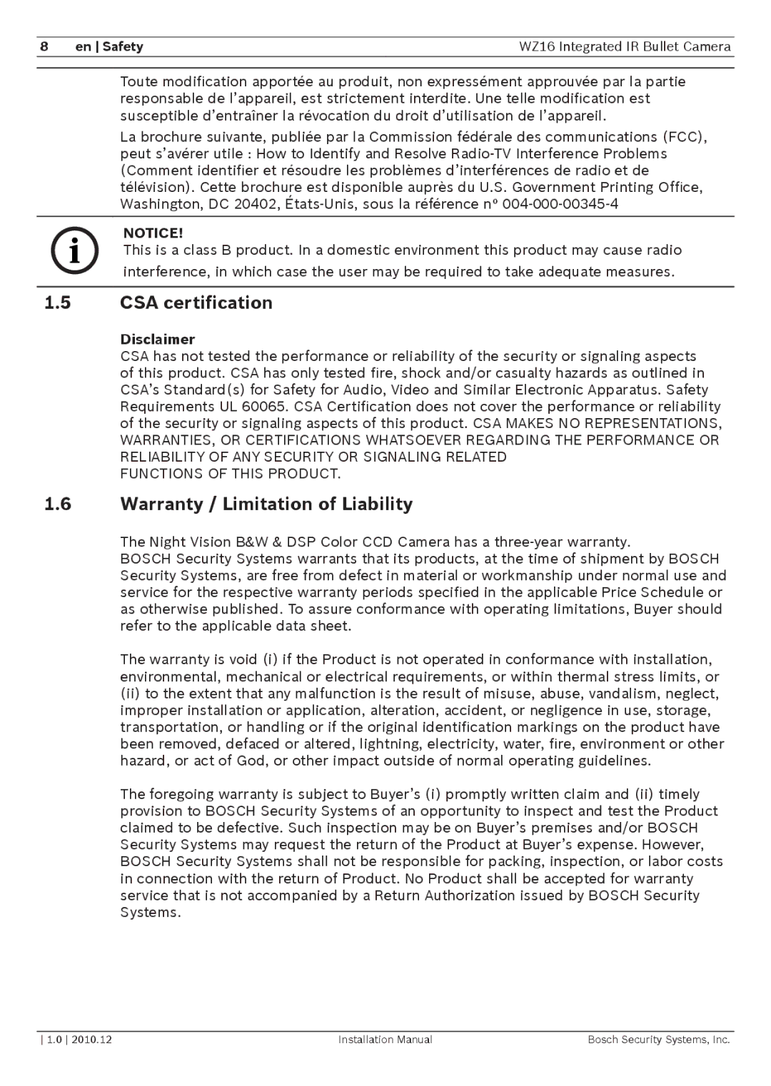 Bosch Appliances WZ16 installation manual CSA certification, Warranty / Limitation of Liability, Disclaimer 