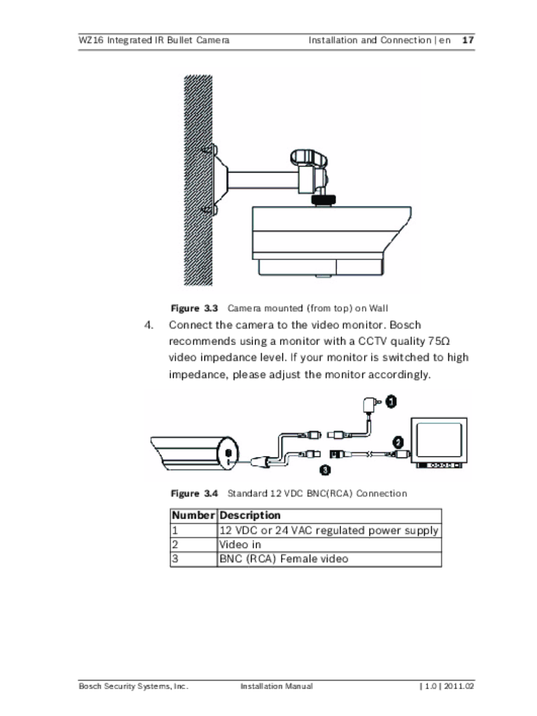 Bosch Appliances WZ16 installation manual Number Description, Camera mounted from top on Wall 