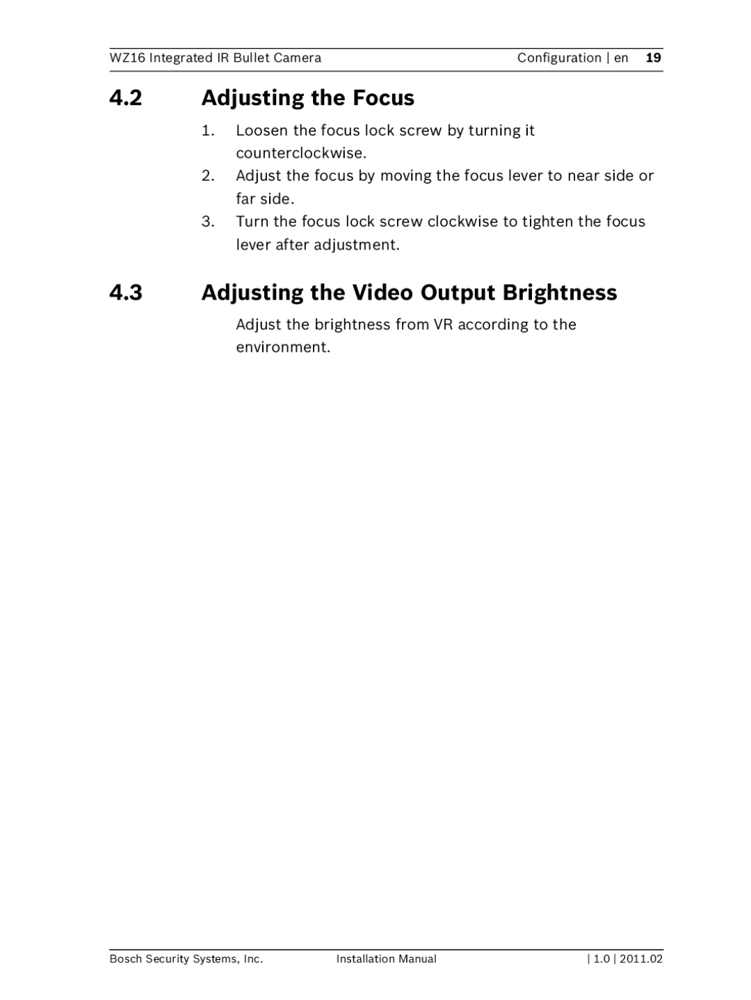 Bosch Appliances WZ16 installation manual Adjusting the Focus, Adjusting the Video Output Brightness 