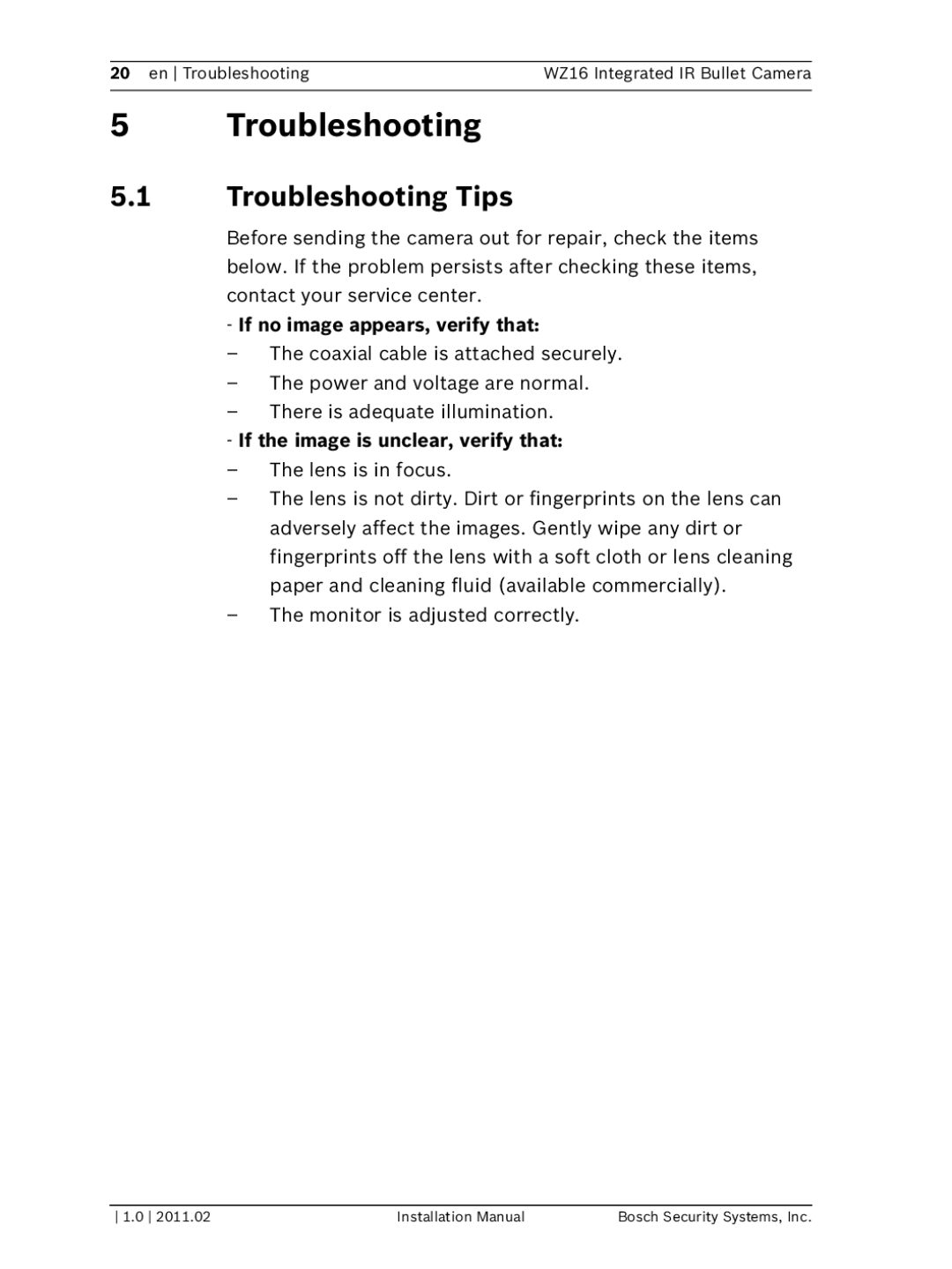 Bosch Appliances WZ16 Troubleshooting Tips, If no image appears, verify that, If the image is unclear, verify that 