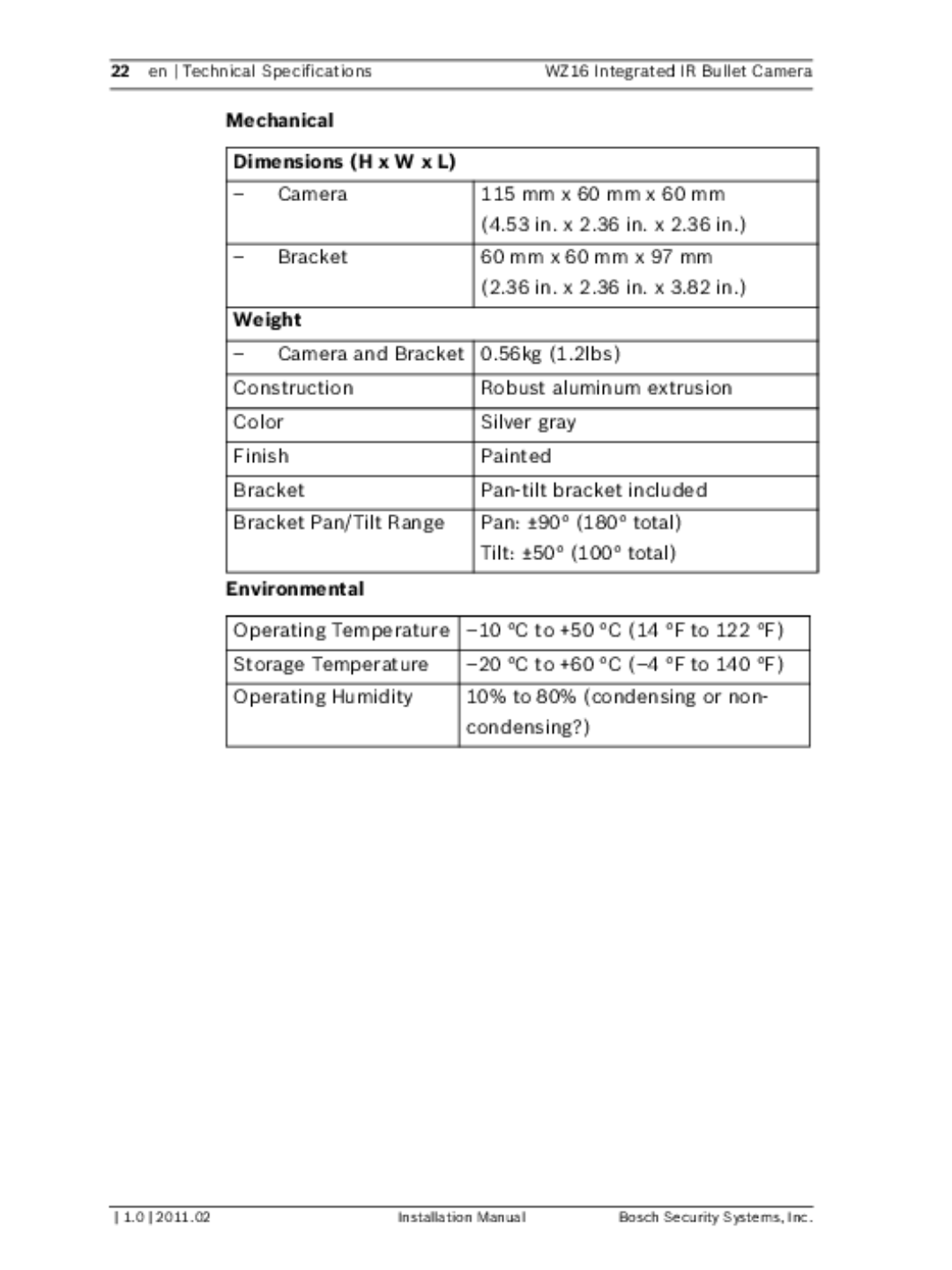 Bosch Appliances WZ16 installation manual Mechanical Dimensions H x W x L, Weight, Environmental 