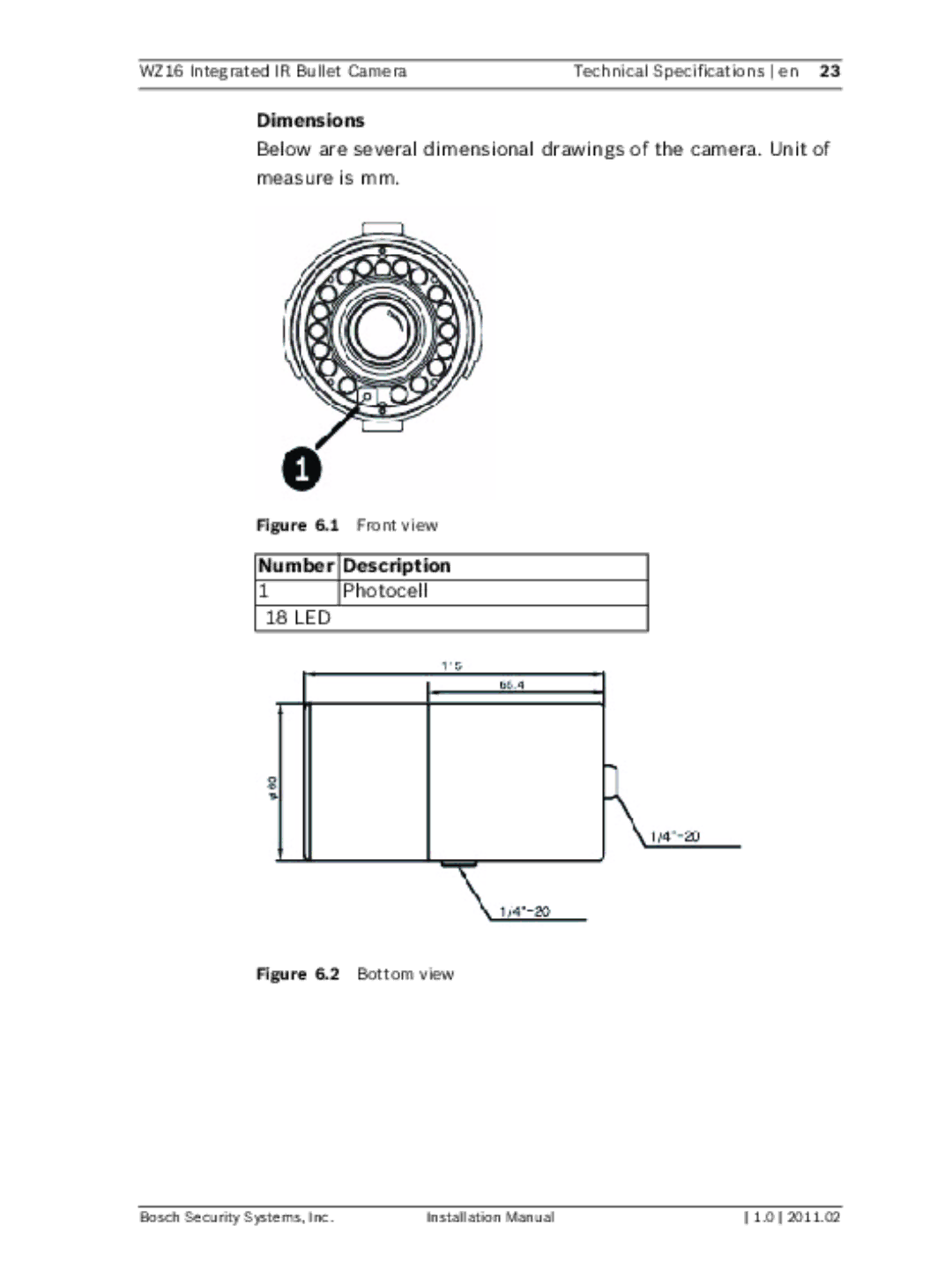 Bosch Appliances WZ16 installation manual Dimensions, Photocell 18 LED 