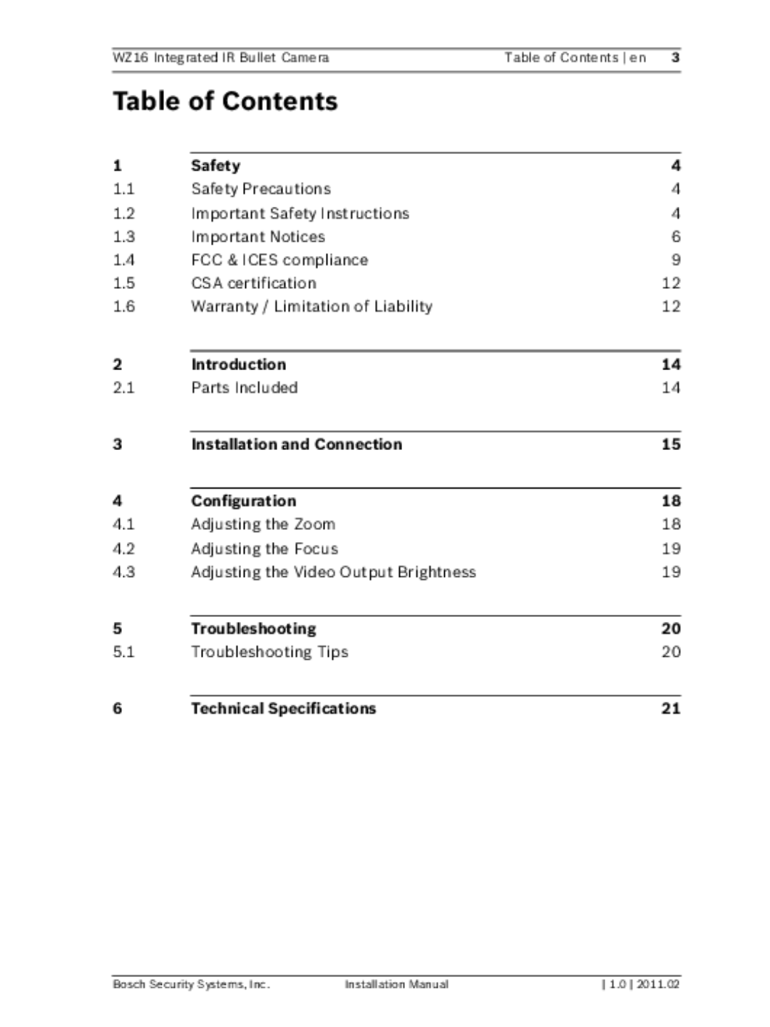 Bosch Appliances WZ16 installation manual Table of Contents 