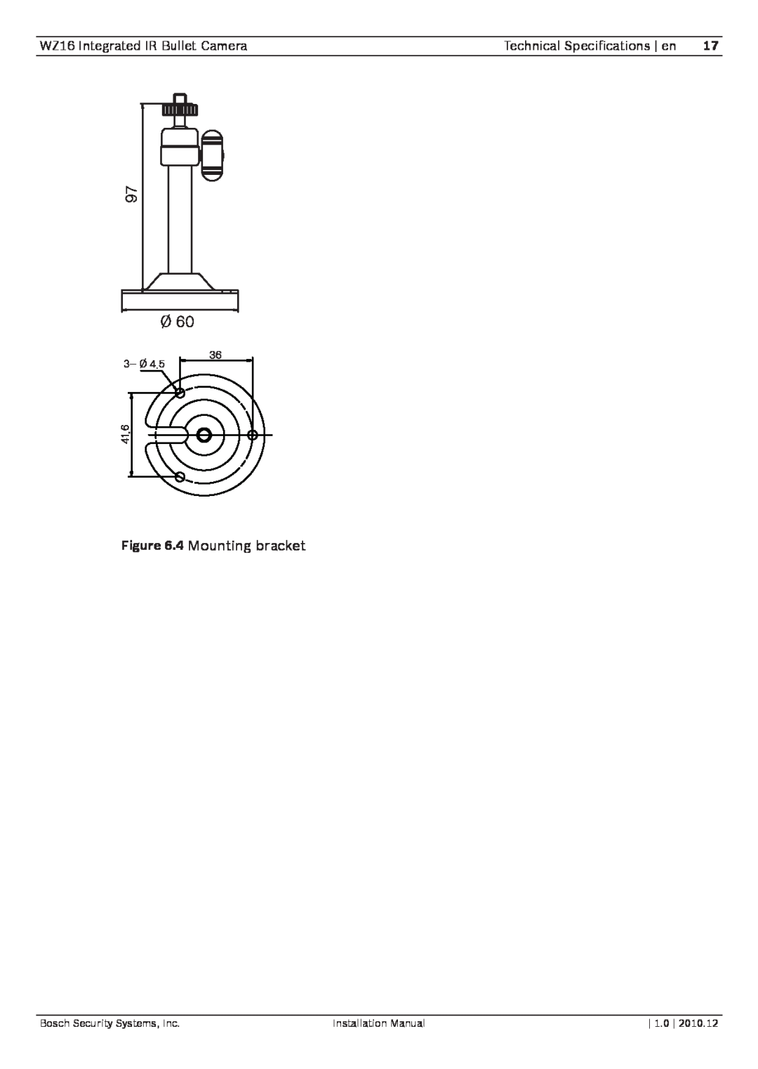 Bosch Appliances WZ16 Integrated IR Bullet Camera, Technical Specifications en, 4 Mounting bracket, Installation Manual 