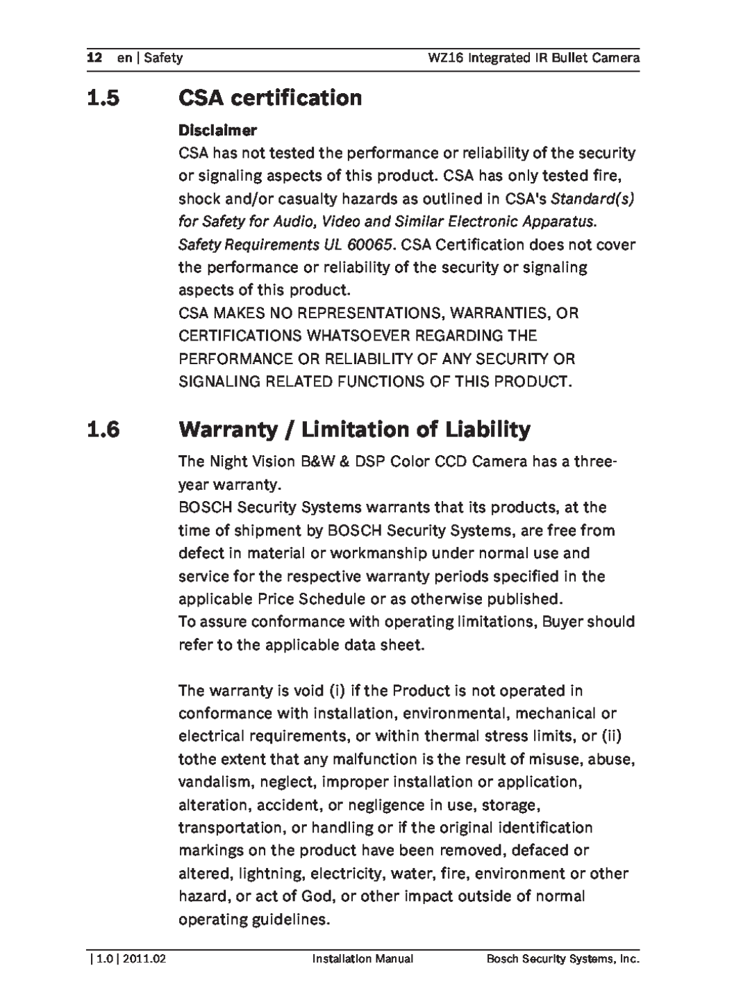 Bosch Appliances WZ16 installation manual 1.5CSA certification, 1.6Warranty / Limitation of Liability, Disclaimer 