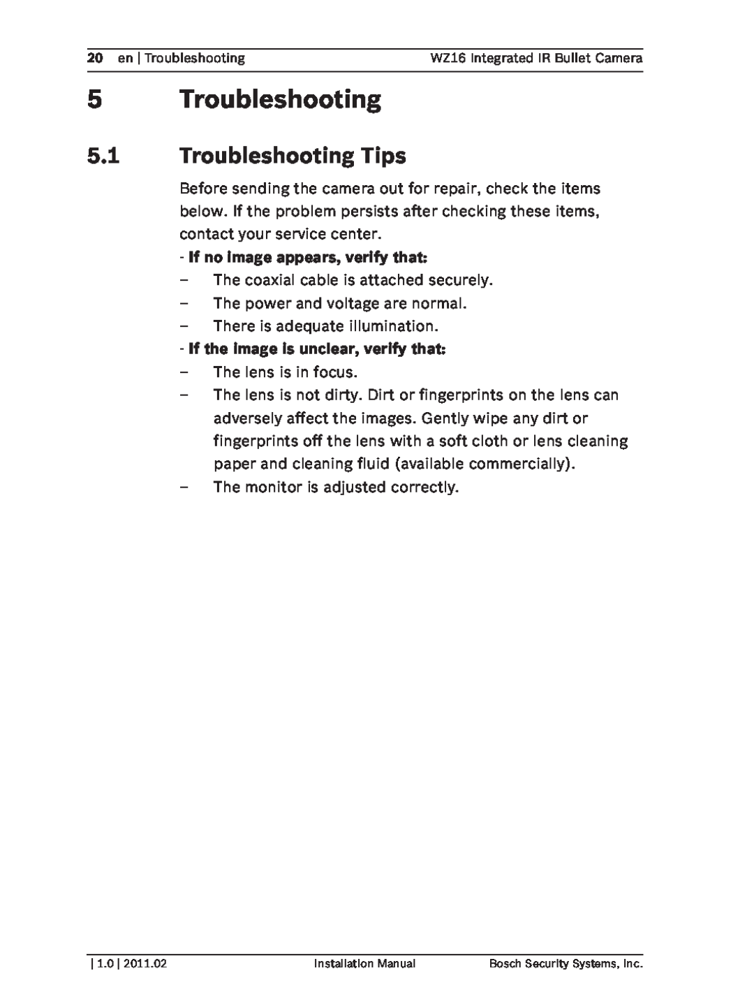 Bosch Appliances WZ16 installation manual 5Troubleshooting, 5.1Troubleshooting Tips 