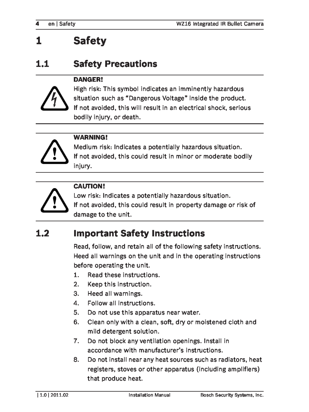 Bosch Appliances WZ16 installation manual 1.1Safety Precautions, 1.2Important Safety Instructions 