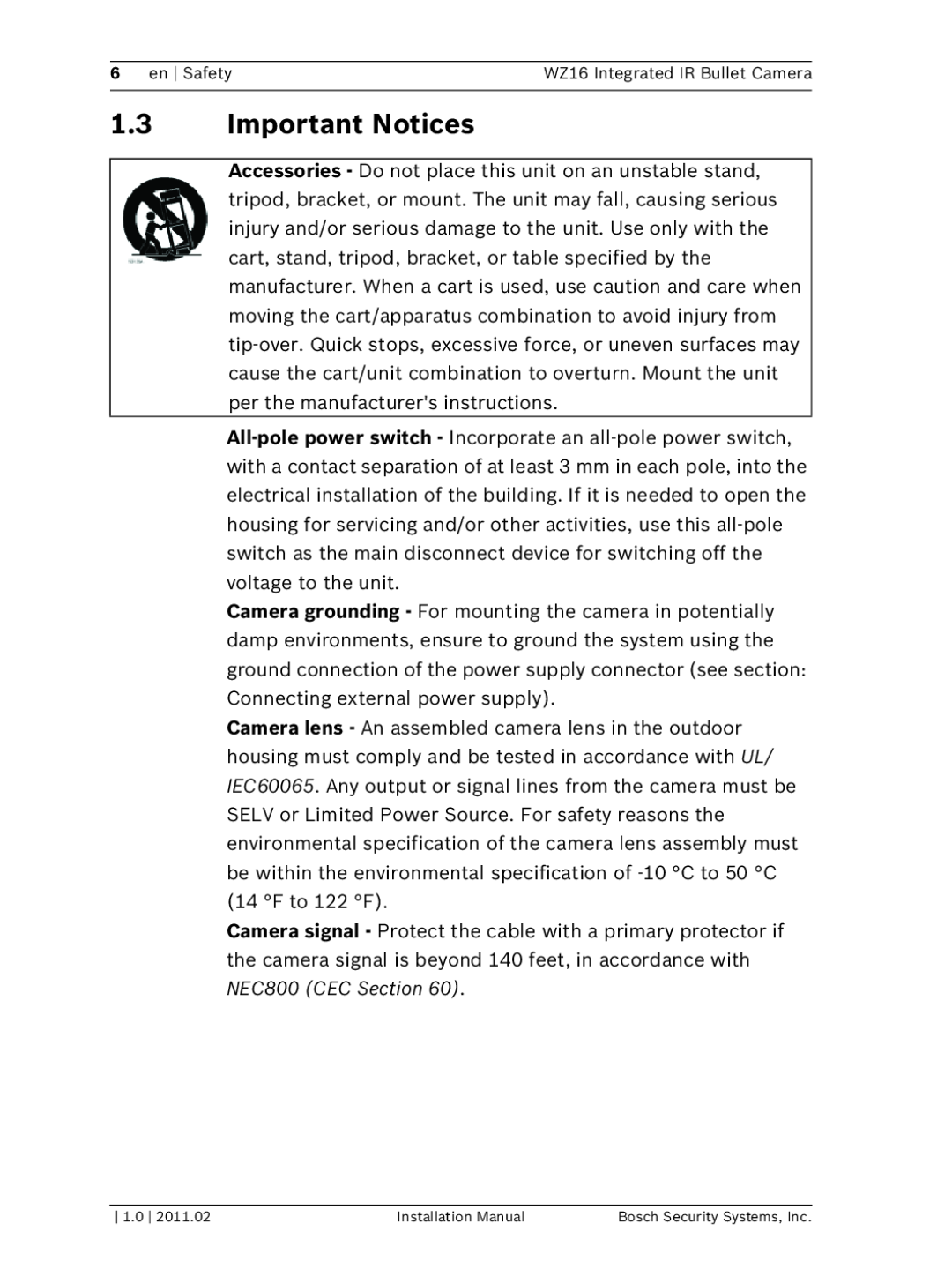 Bosch Appliances installation manual 1.3Important Notices, en Safety, WZ16 Integrated IR Bullet Camera 
