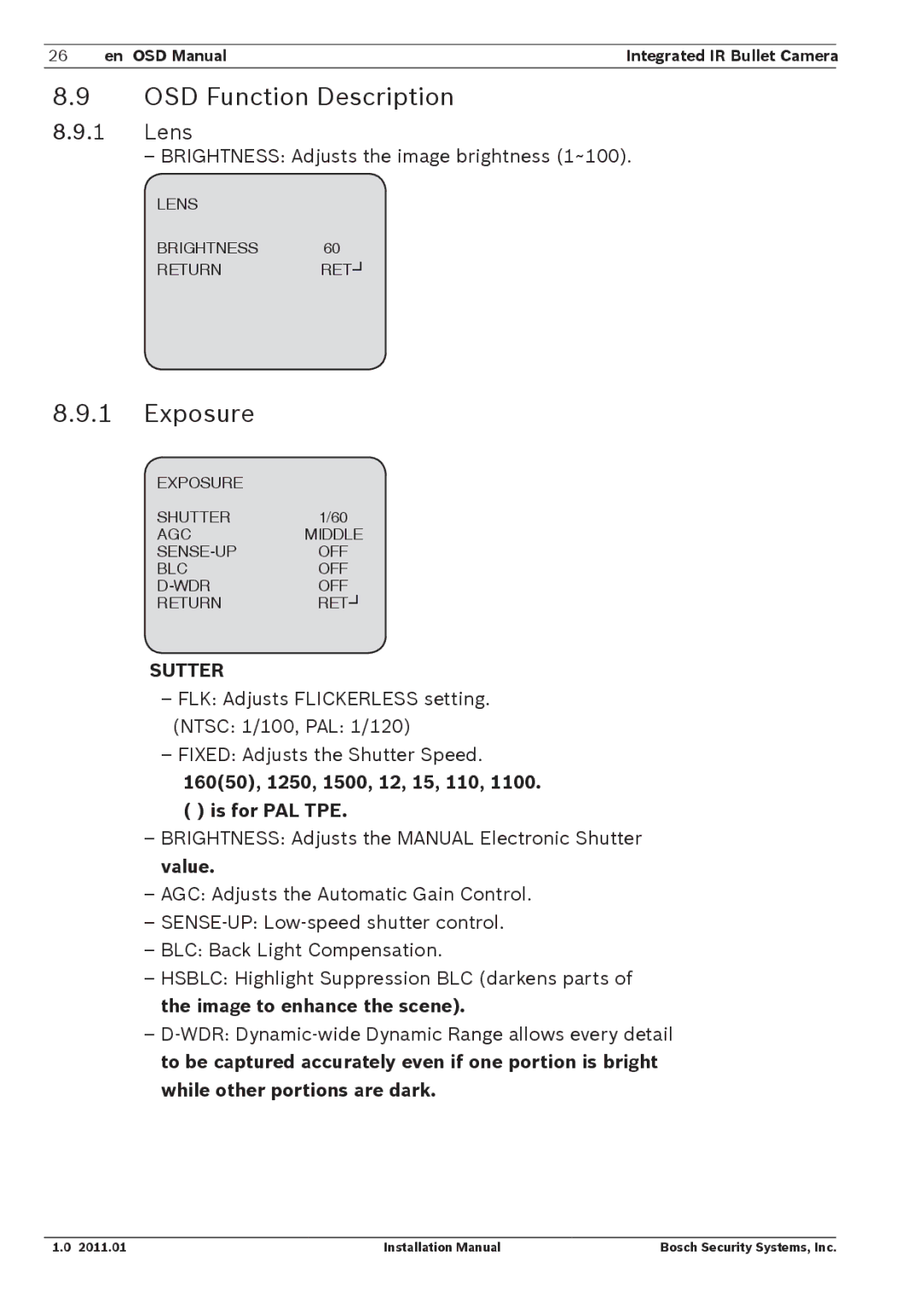 Bosch Appliances WZ18 installation manual OSD Function Description, Exposure, Lens 