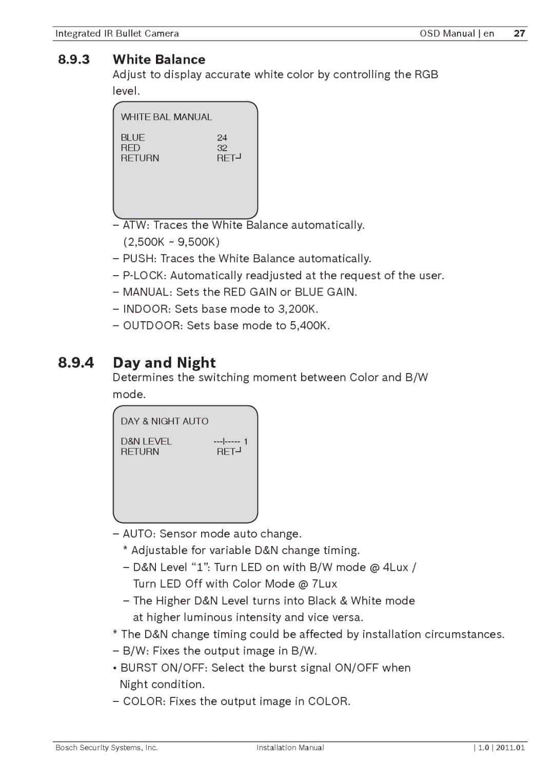 Bosch Appliances WZ18 installation manual Day and Night, White Balance 