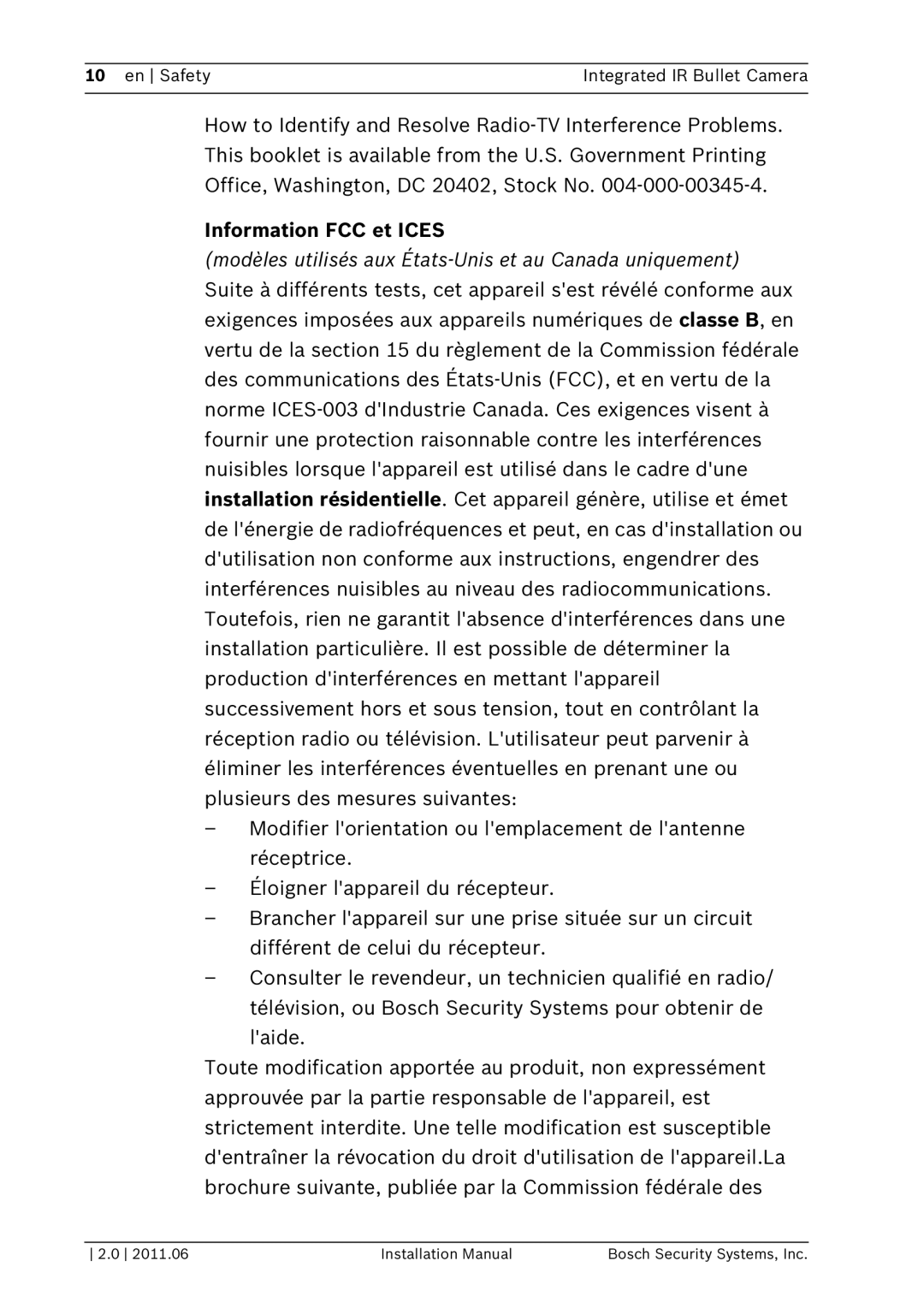 Bosch Appliances WZ20 installation manual Information FCC et Ices 