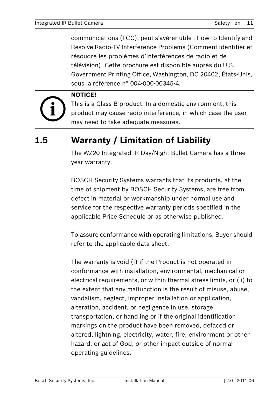 Bosch Appliances WZ20 installation manual Warranty / Limitation of Liability 