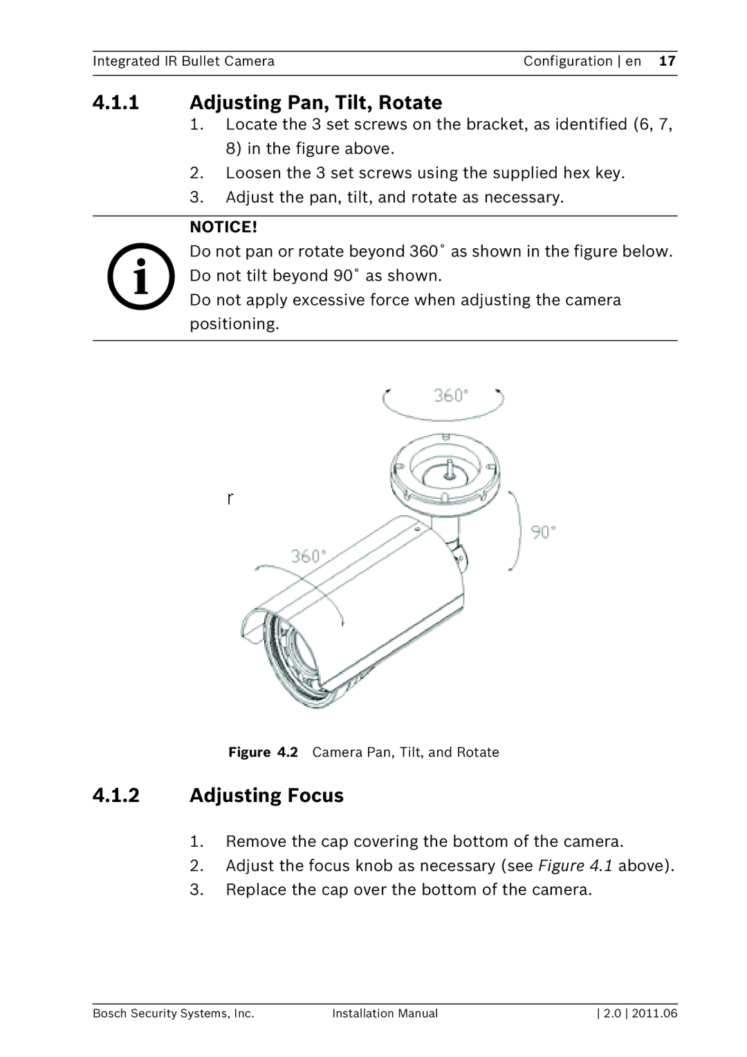 Bosch Appliances WZ20 installation manual Adjusting Pan, Tilt, Rotate, Adjusting Focus 