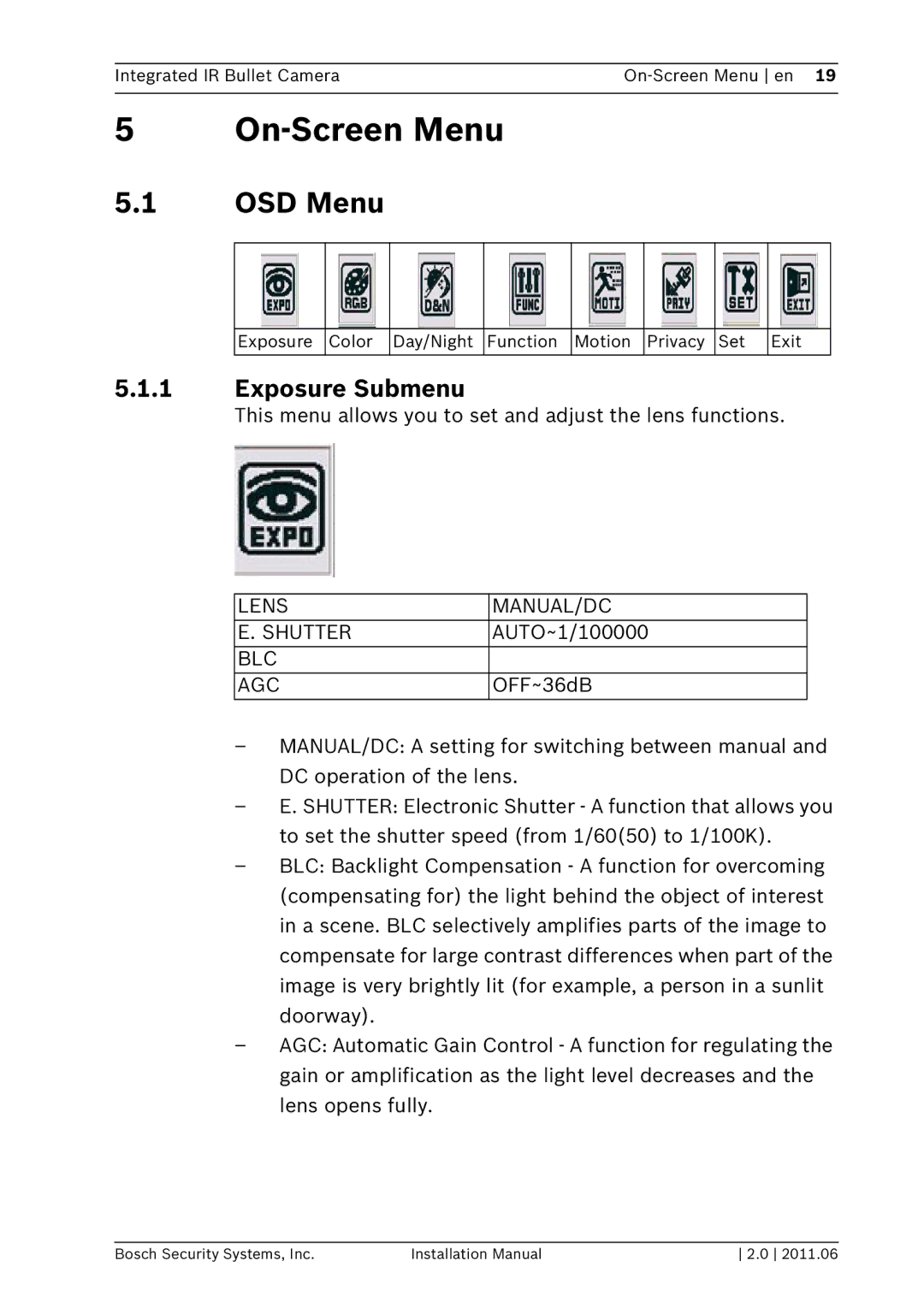 Bosch Appliances WZ20 installation manual On-Screen Menu, OSD Menu, Exposure Submenu, Lens MANUAL/DC Shutter, Blc Agc 