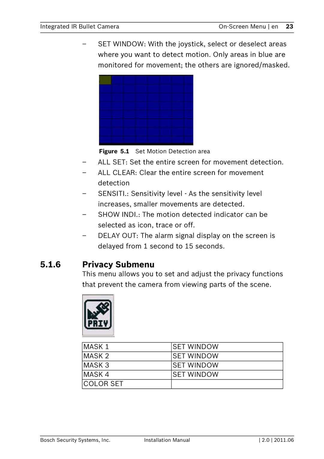 Bosch Appliances WZ20 installation manual Privacy Submenu, Mask SET Window Color SET 