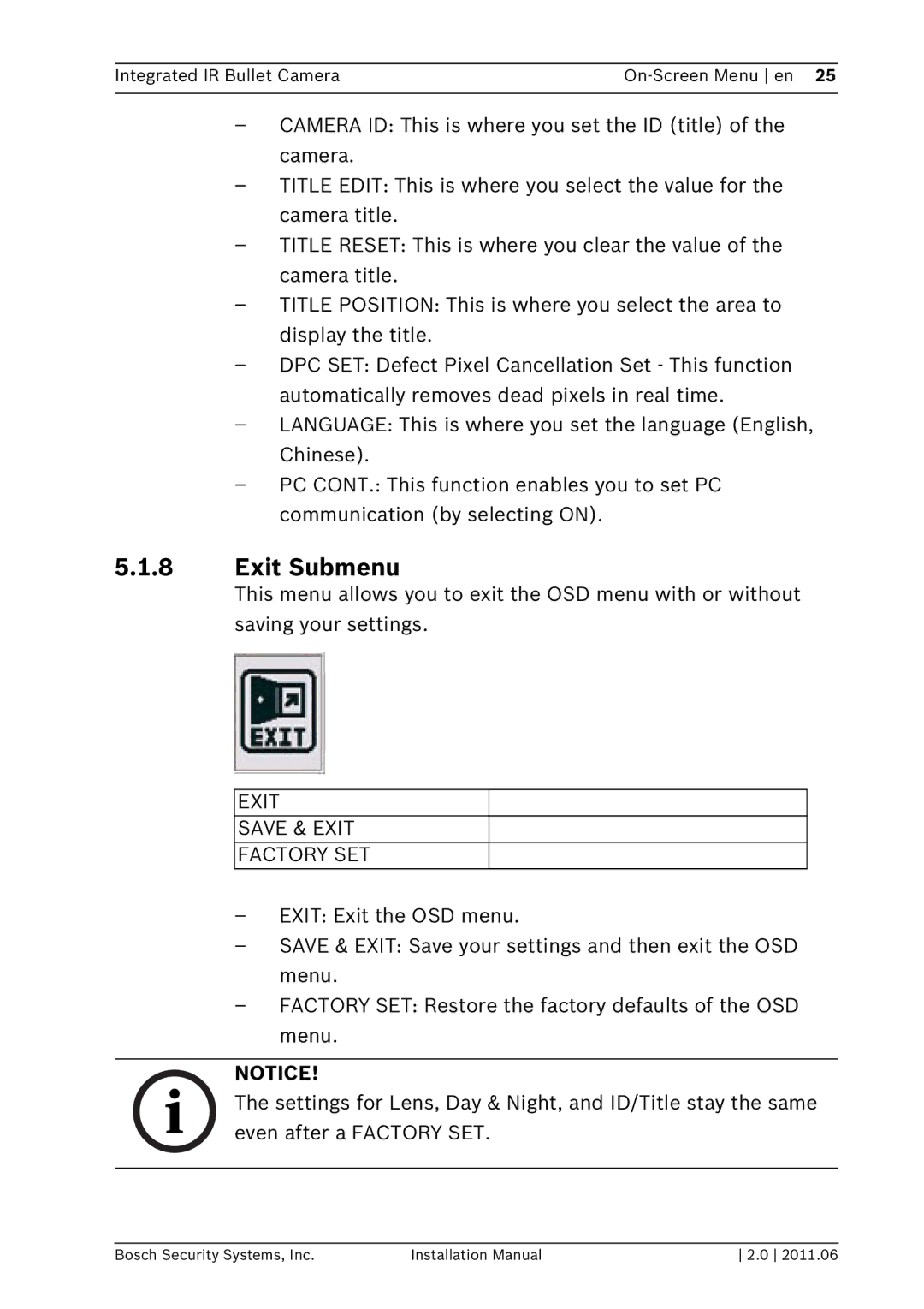 Bosch Appliances WZ20 installation manual Exit Submenu, Exit Save & Exit Factory SET 