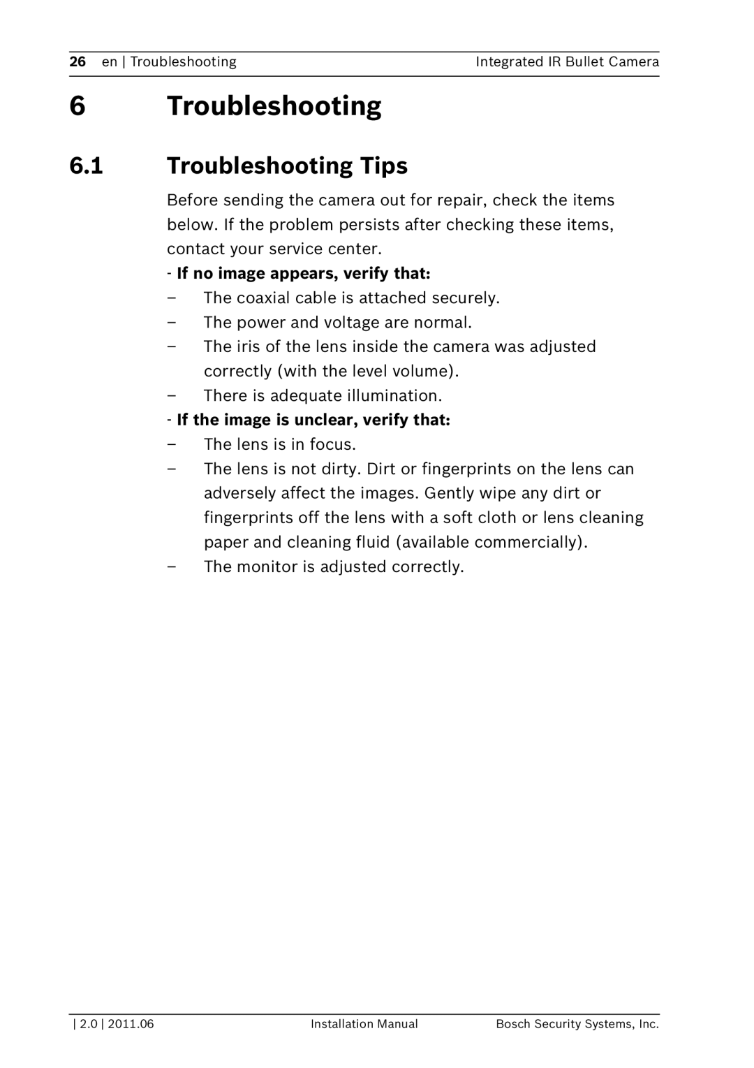 Bosch Appliances WZ20 Troubleshooting Tips, If no image appears, verify that, If the image is unclear, verify that 