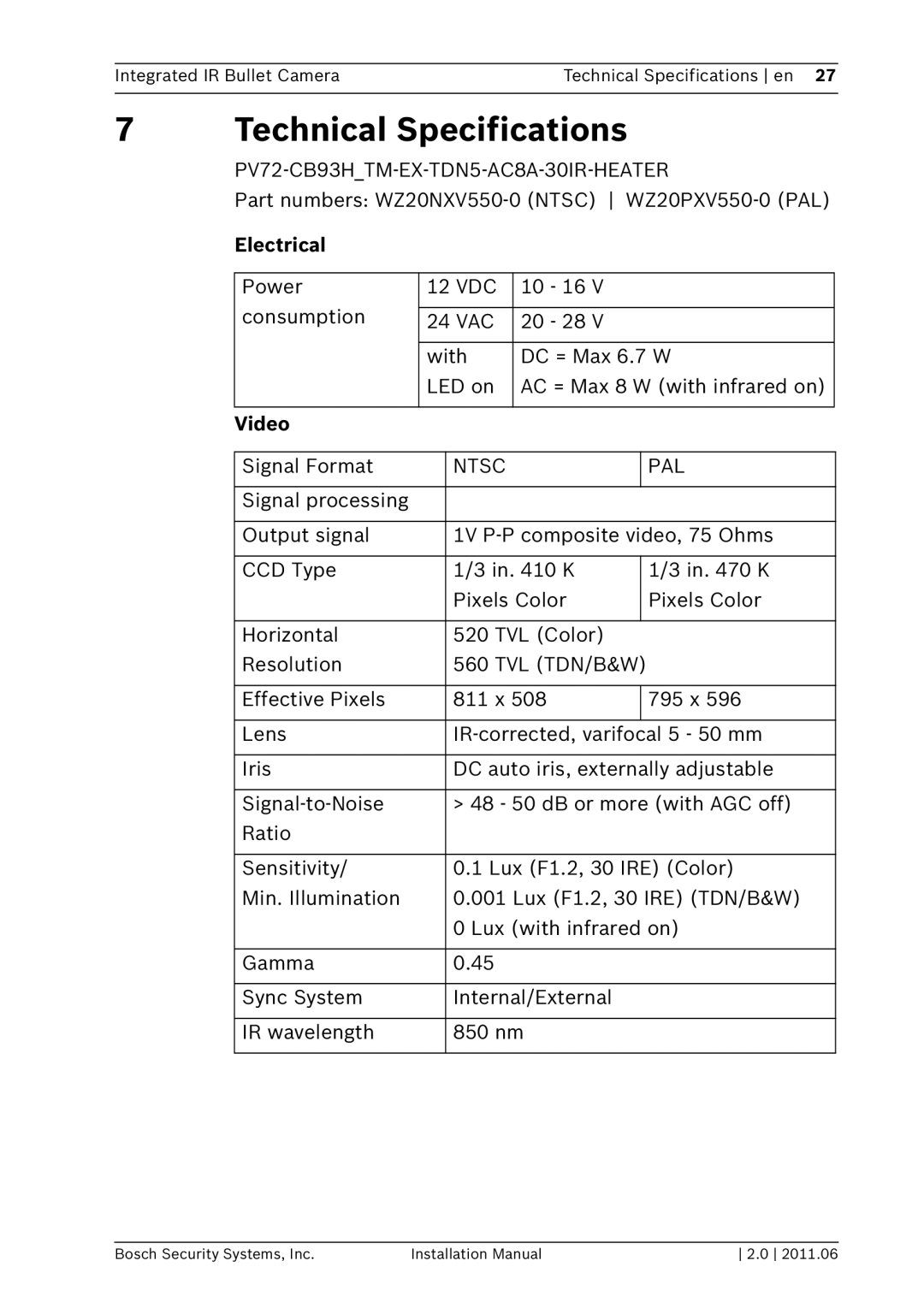 Bosch Appliances WZ20 Technical Specifications, PV72-CB93HTM-EX-TDN5-AC8A-30IR-HEATER, Electrical, Video, Ntsc PAL 