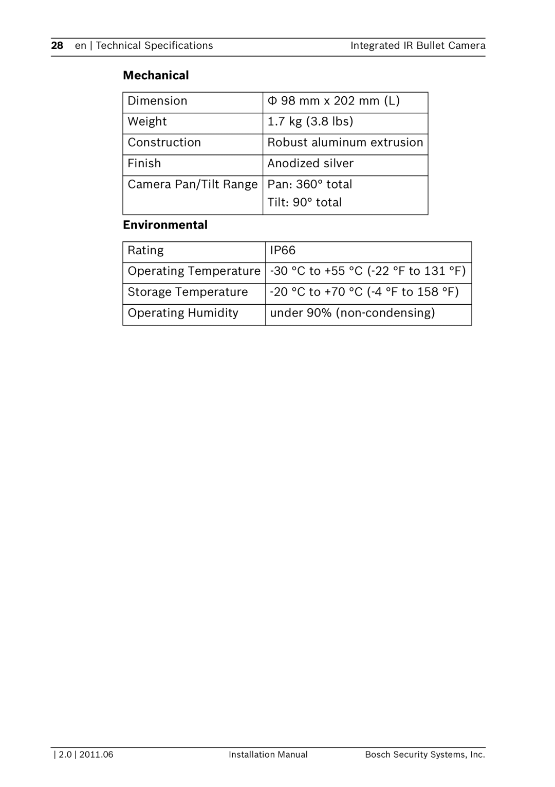 Bosch Appliances WZ20 installation manual Mechanical, Environmental 