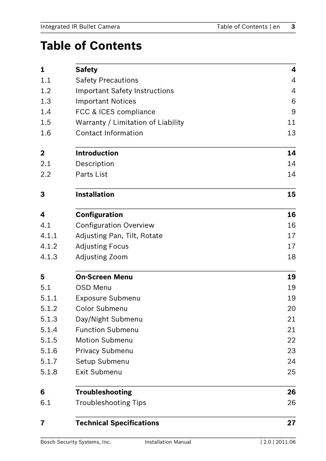 Bosch Appliances WZ20 installation manual Table of Contents 