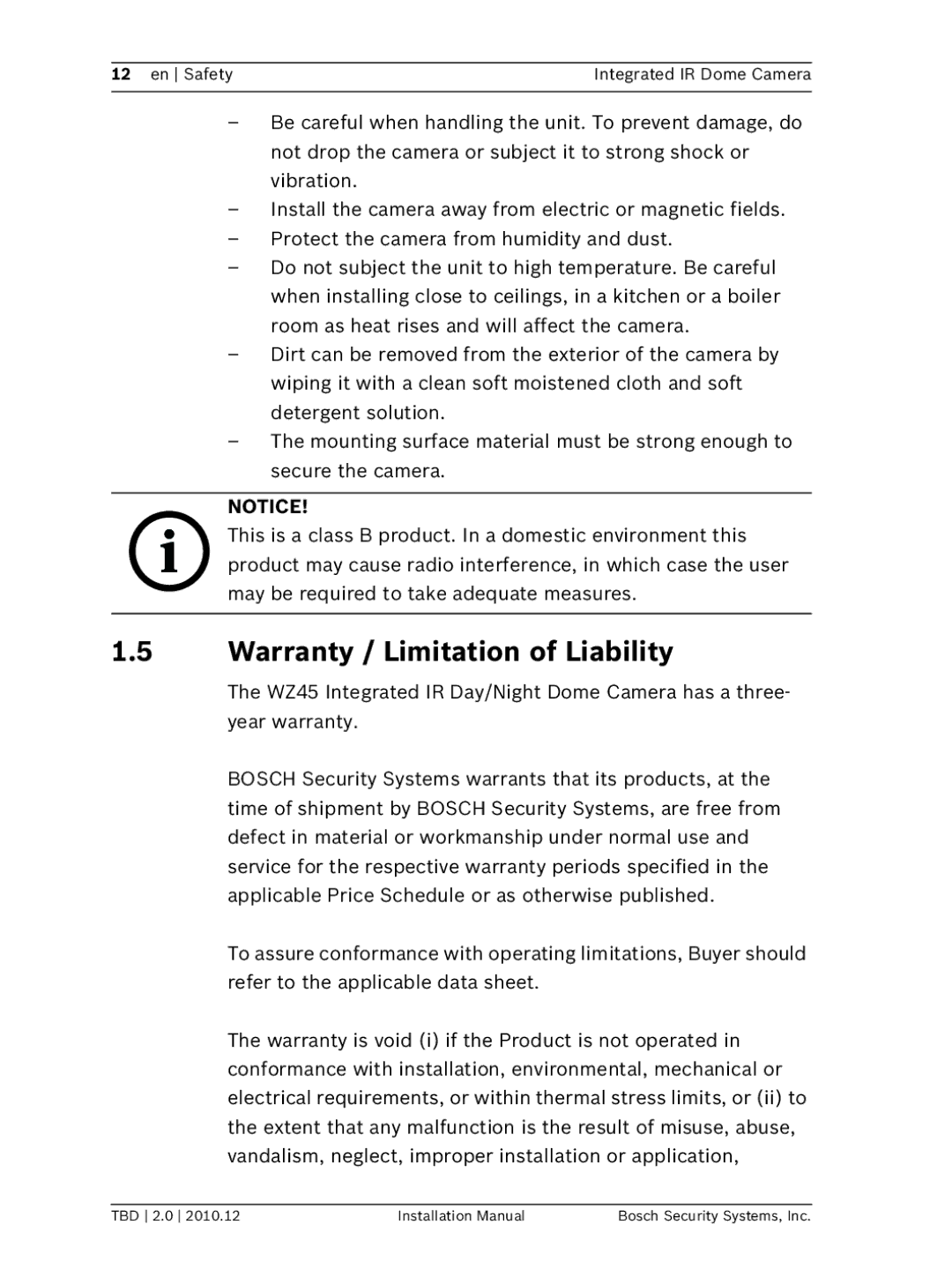 Bosch Appliances WZ45 installation manual Warranty / Limitation of Liability 