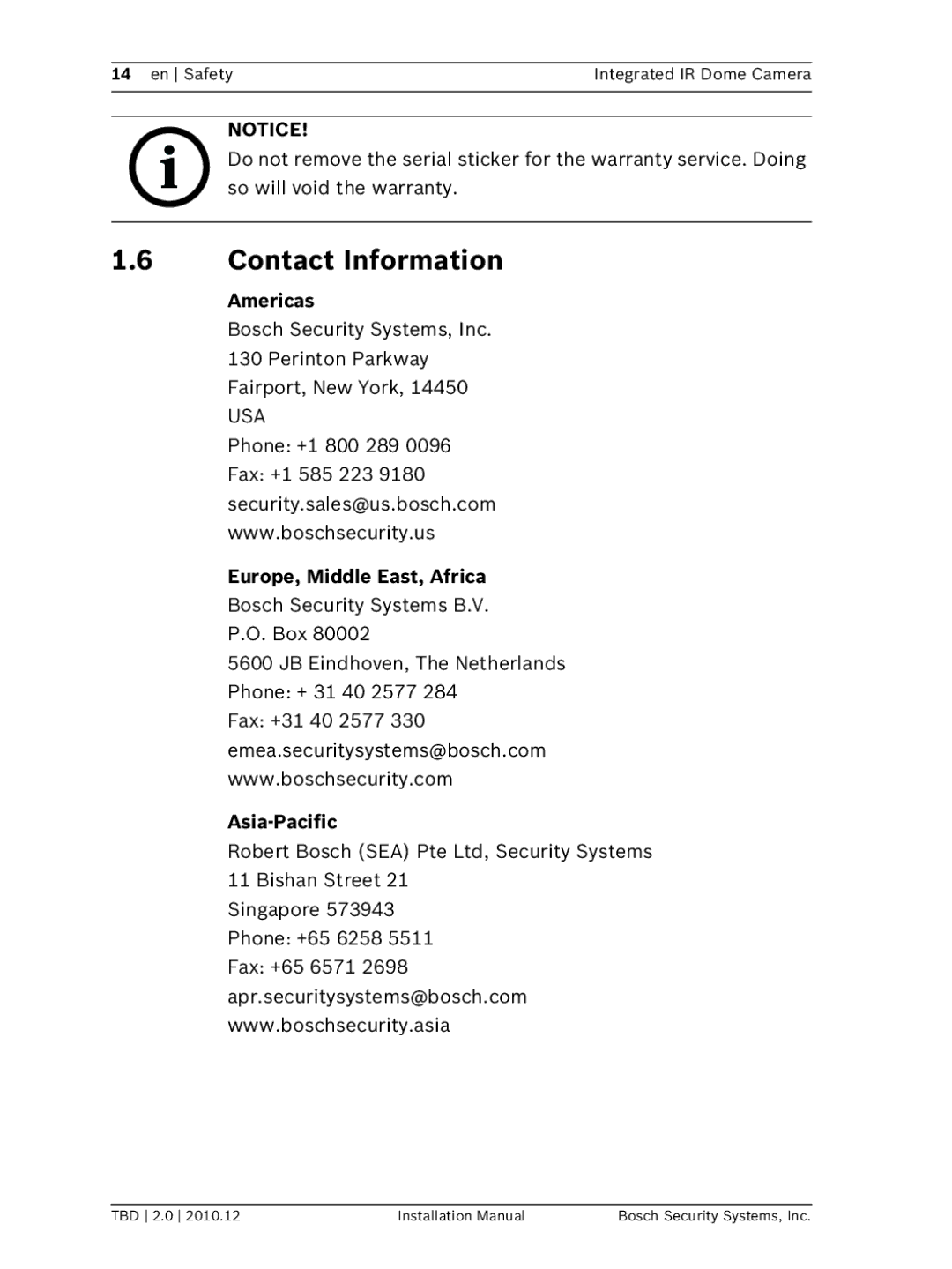 Bosch Appliances WZ45 installation manual Contact Information, Americas, Usa, Europe, Middle East, Africa, Asia-Pacific 