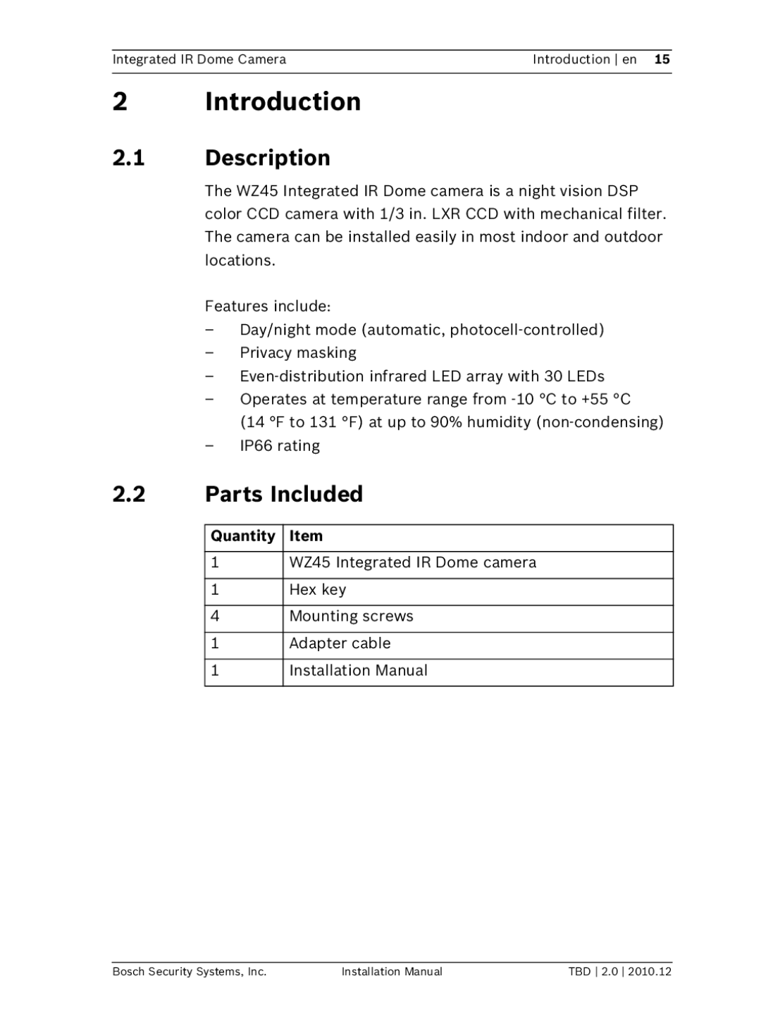 Bosch Appliances WZ45 installation manual Introduction, Description, Parts Included, Quantity 