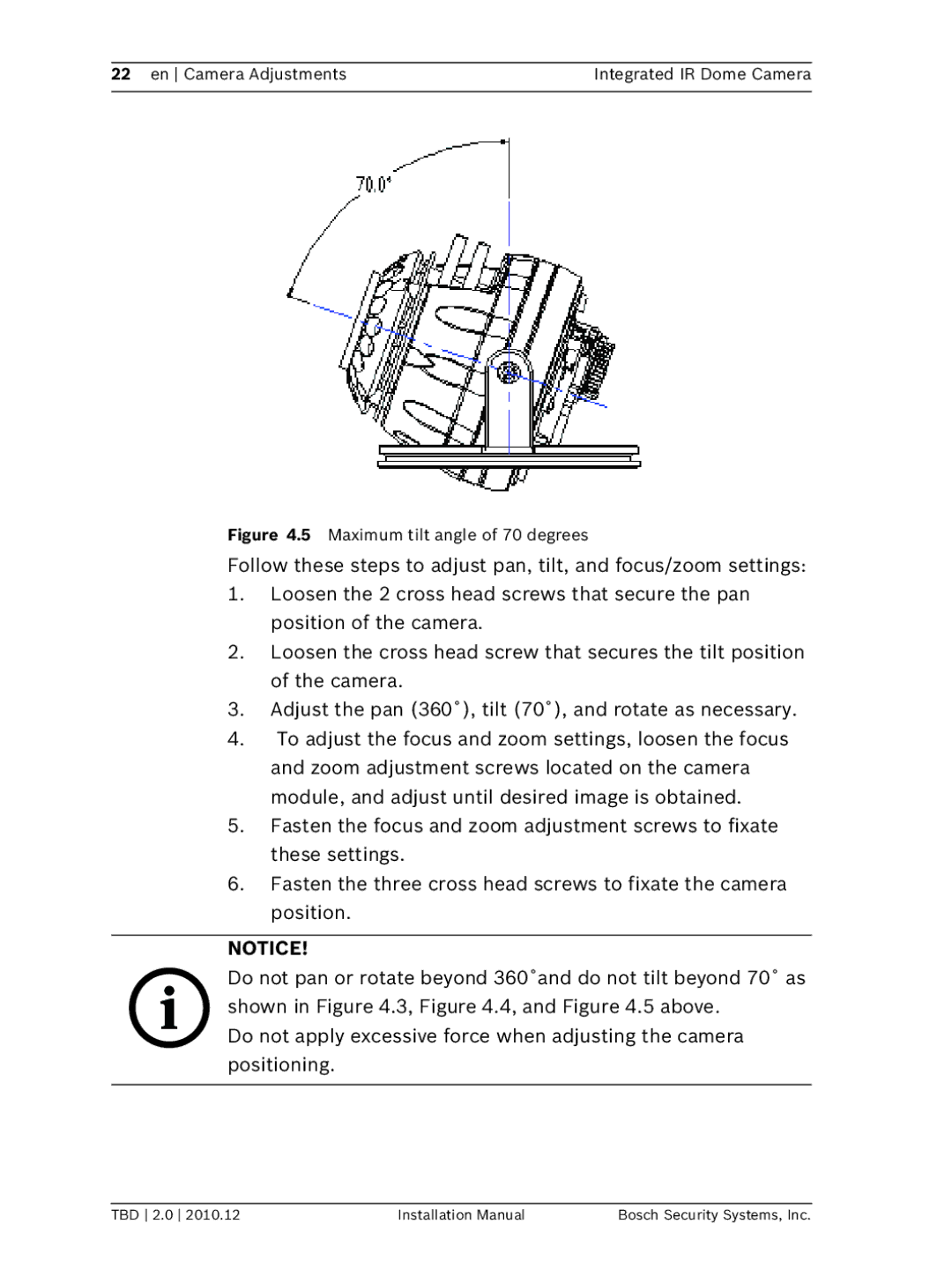 Bosch Appliances WZ45 installation manual Maximum tilt angle of 70 degrees 