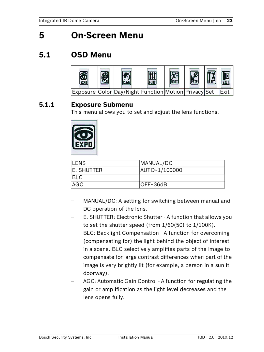 Bosch Appliances WZ45 installation manual On-Screen Menu, OSD Menu, Exposure Submenu, Lens MANUAL/DC Shutter, Blc Agc 