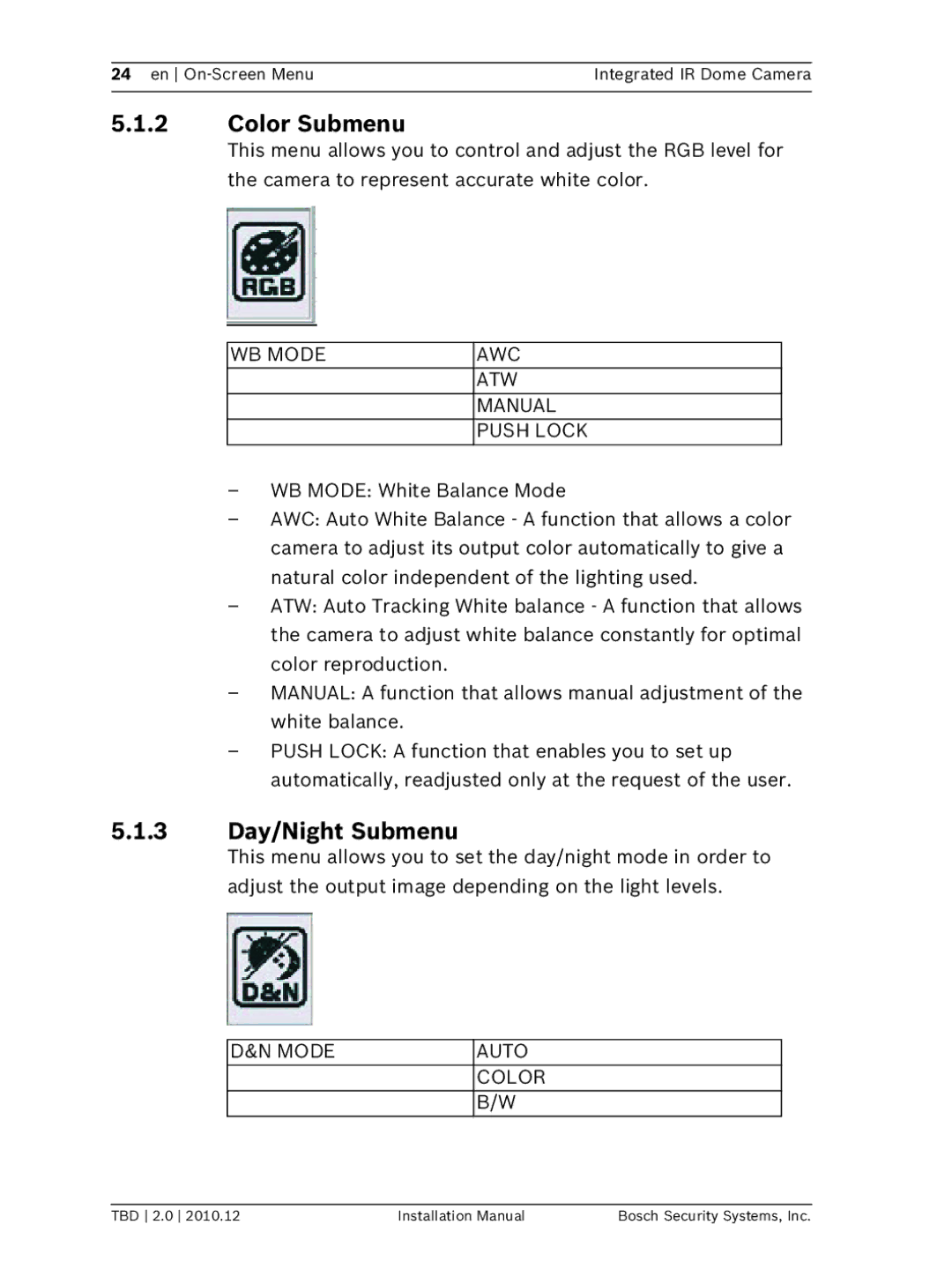 Bosch Appliances WZ45 Color Submenu, 3 Day/Night Submenu, WB Mode AWC ATW Manual Push Lock, Mode Auto Color 