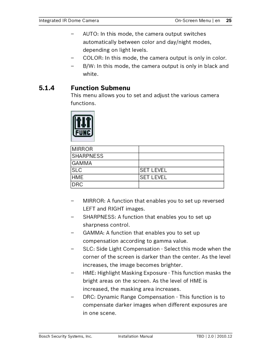 Bosch Appliances WZ45 installation manual Function Submenu, Mirror Sharpness Gamma SLC SET Level HME DRC 