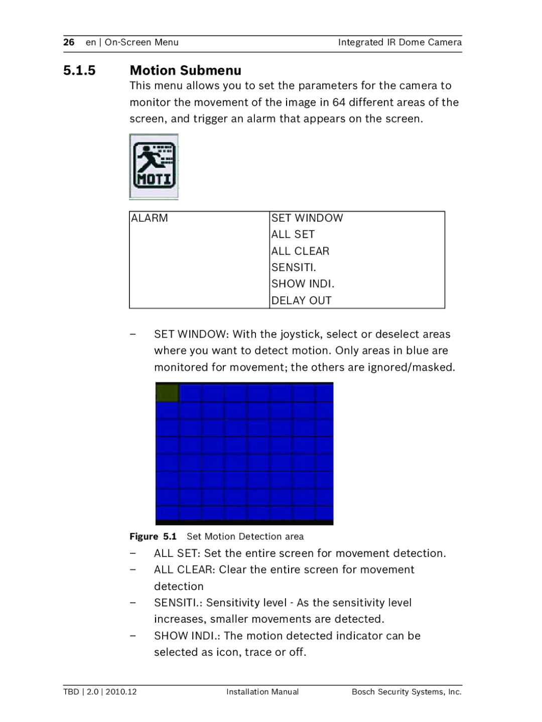 Bosch Appliances WZ45 installation manual Motion Submenu, Set Motion Detection area 