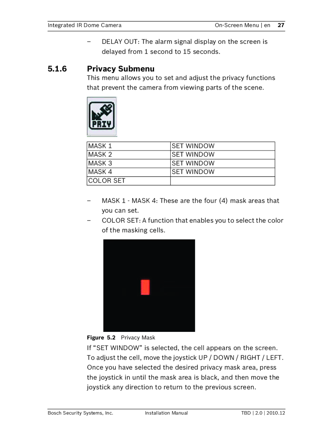 Bosch Appliances WZ45 installation manual Privacy Submenu, Mask SET Window Color SET 