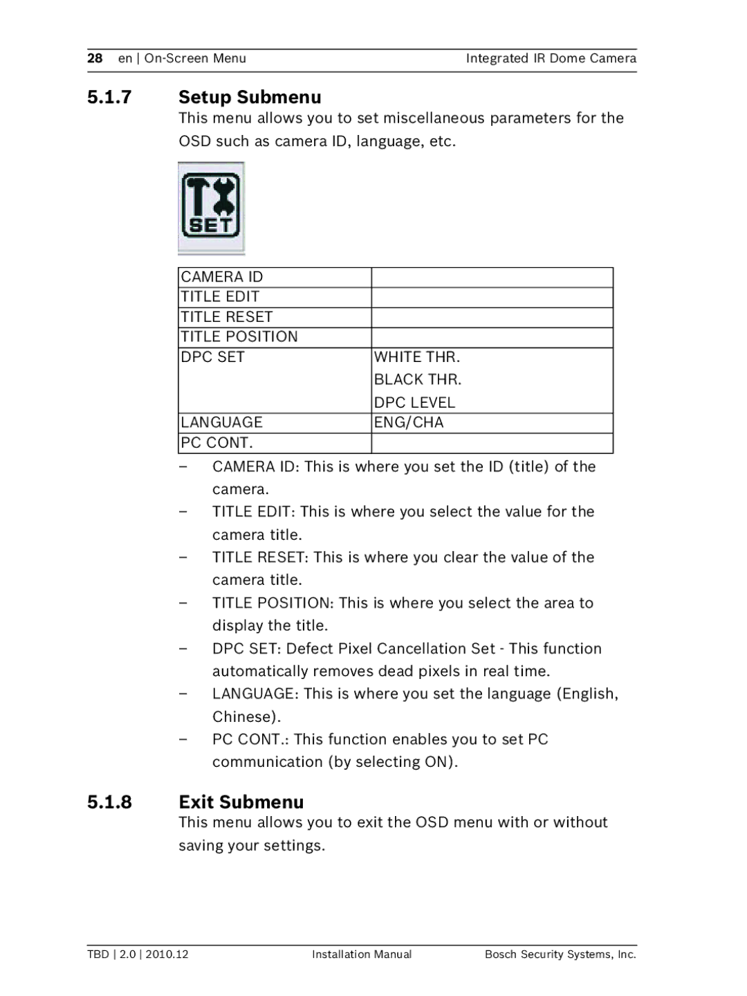 Bosch Appliances WZ45 installation manual Setup Submenu, Exit Submenu 