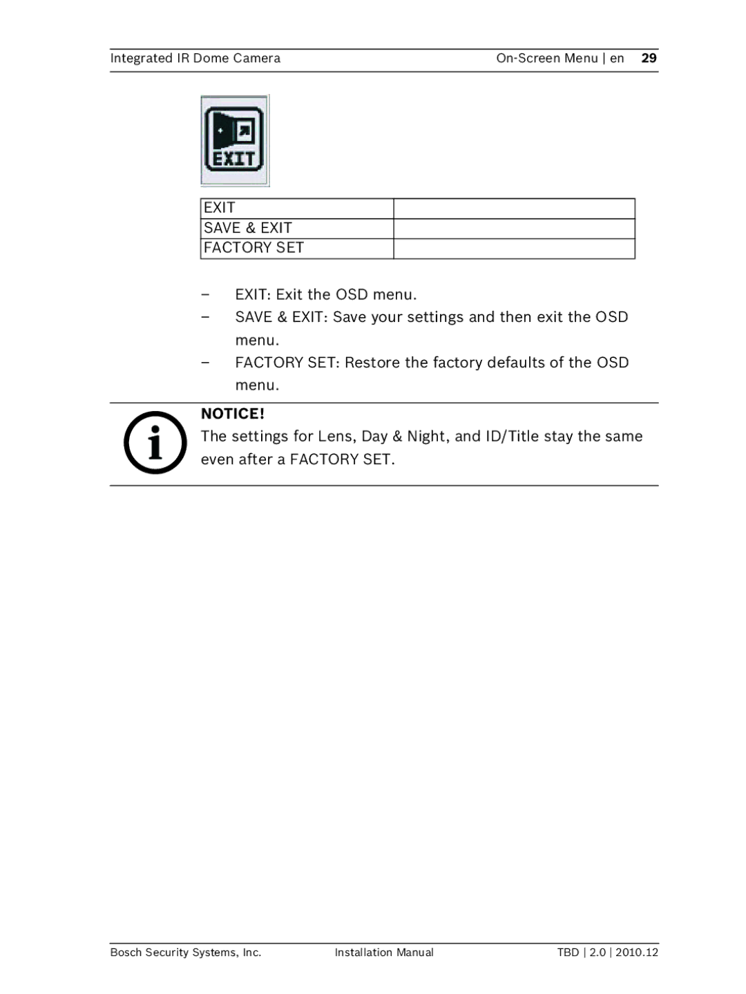 Bosch Appliances WZ45 installation manual Exit Save & Exit Factory SET 