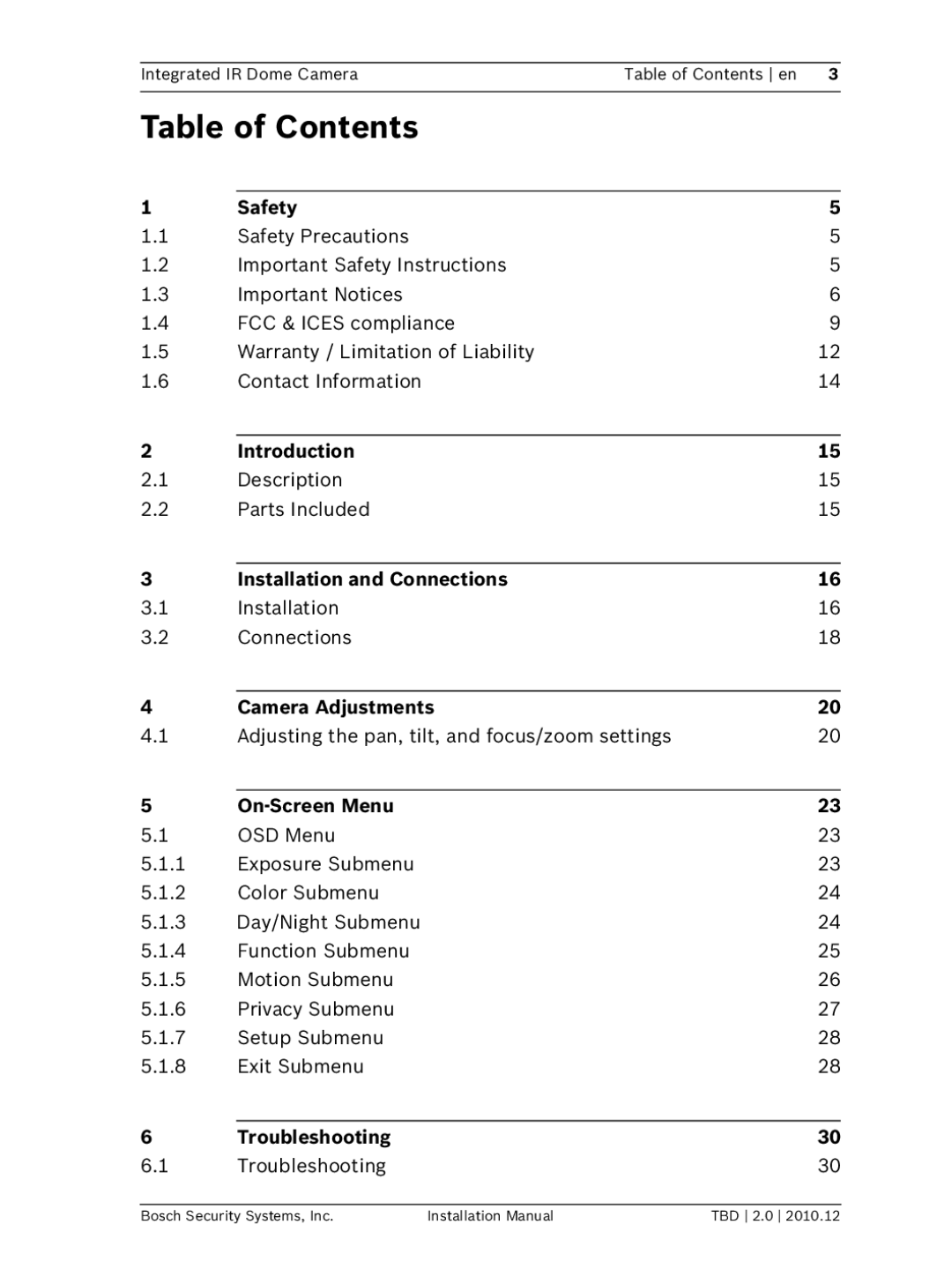 Bosch Appliances WZ45 installation manual Table of Contents 