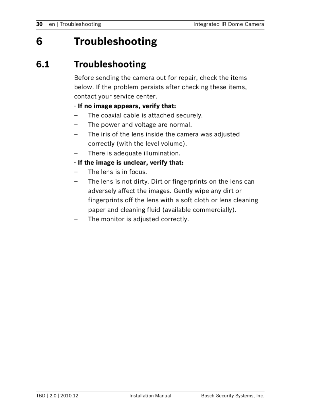 Bosch Appliances WZ45 Troubleshooting, If no image appears, verify that, If the image is unclear, verify that 